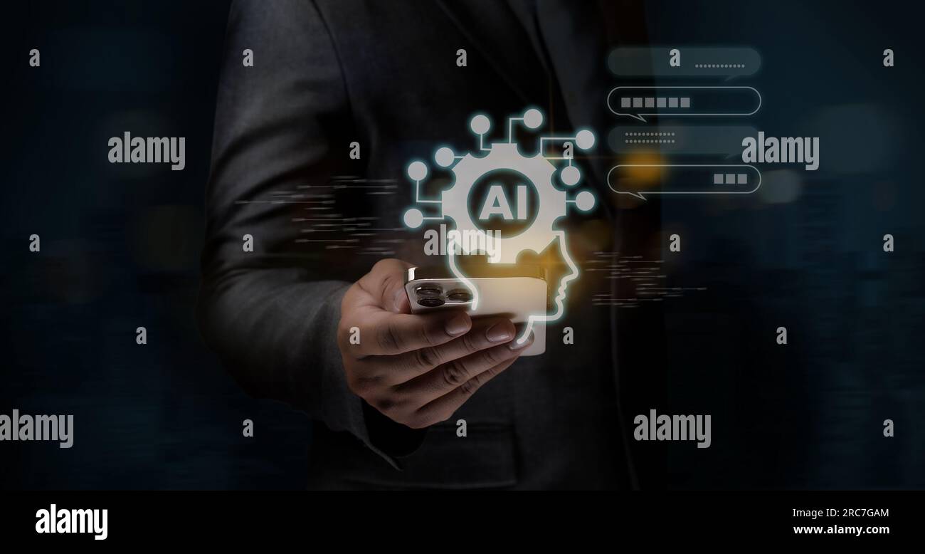 Geschäftsmann, der Chatbot Chat GPT Chat mit AI Künstliche in Smartphone Intelligence Ai Future Chat Roboter Conversation Assistant Sprachnachricht Futur verwendet Stockfoto
