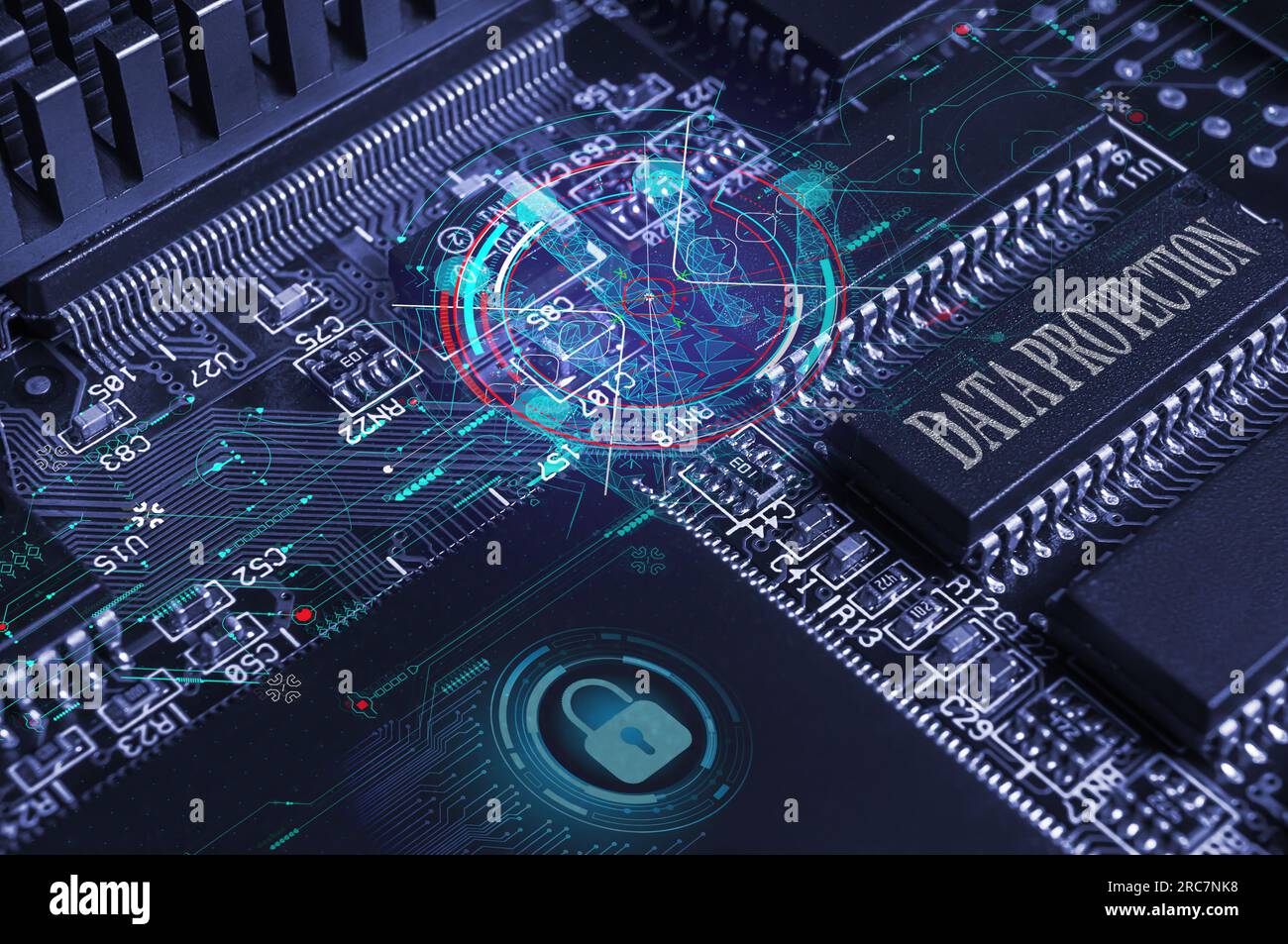 Leiterplatte mit aktiven und passiven SMD-Bauteilen aus der Nähe. Cyber-Sicherheitskonzept Stockfoto