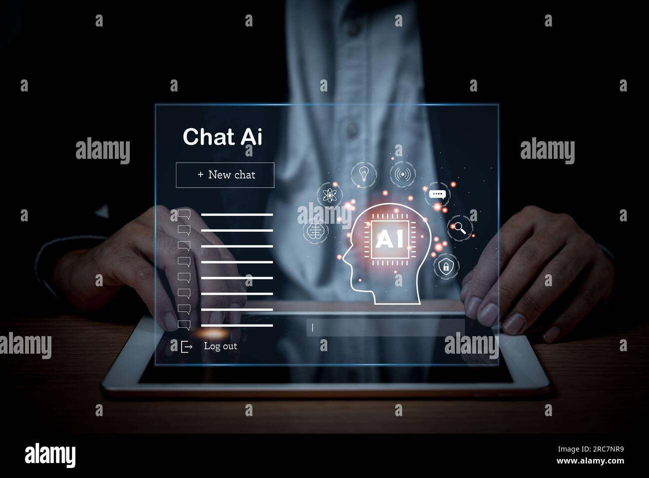 Chat Robot ist eine künstliche Intelligenz.KI verbessert Gespräche und Kundenservice in Unternehmen und entwickelt Informationsprogramme.futuristischer Technik Stockfoto