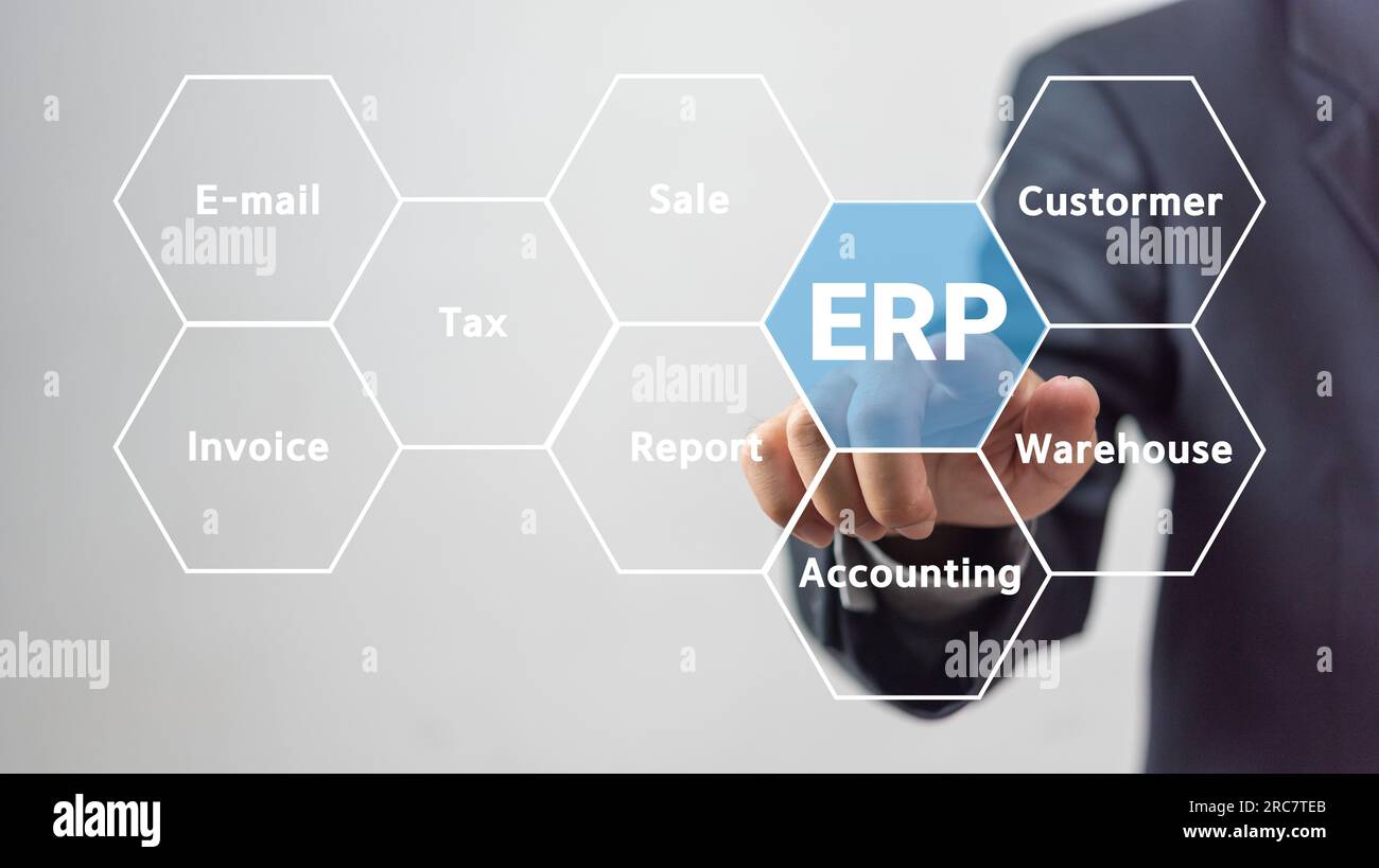 ERP Enterprise Resource Planning und KI-Technologie für künstliche Intelligenz. Einsatz von AI in ERP-Systemen, wie Automatisierung, Optimierung und Datenanalyse Stockfoto