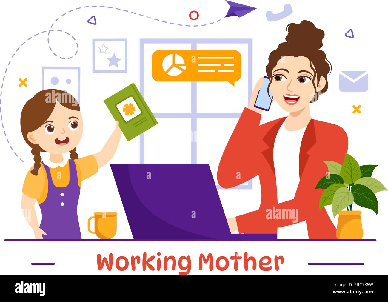 Working Mother Vector Illustration mit Müttern, die arbeiten und sich zu Hause um ihre Kinder kümmern, in Multitasking Cartoon Hand Drawn Templates Stock Vektor