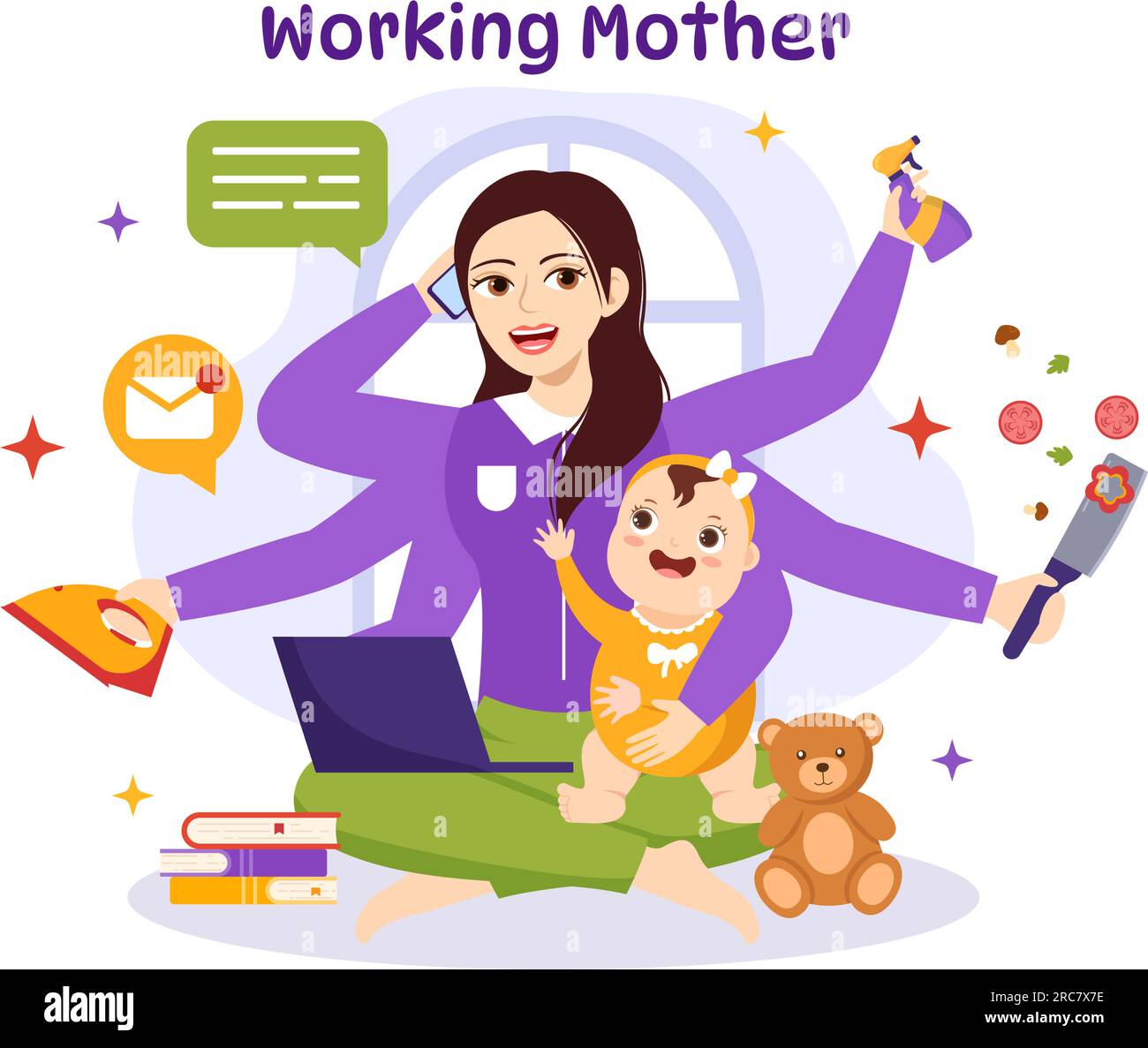Working Mother Vector Illustration mit Müttern, die arbeiten und sich zu Hause um ihre Kinder kümmern, in Multitasking Cartoon Hand Drawn Templates Stock Vektor