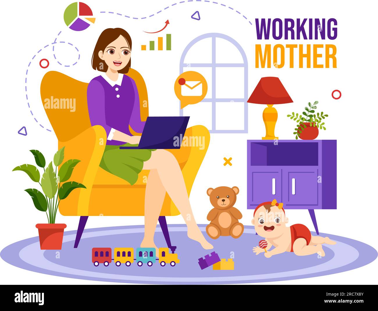 Working Mother Vector Illustration mit Müttern, die arbeiten und sich zu Hause um ihre Kinder kümmern, in Multitasking Cartoon Hand Drawn Templates Stock Vektor