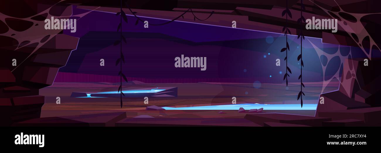 Verlassene Steinhöhle im Dschungel mit einem Cartoon-Vektorhintergrund. Unterirdische prähistorische Tunnelszene mit magischem Portal in der Höhle La Stock Vektor
