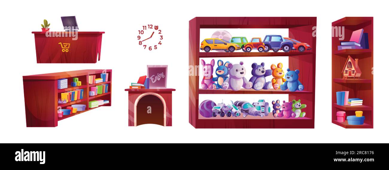 Cartoon-Set mit Spielzeugmöbeln, isolierte Waren auf weißem Hintergrund. Vektordarstellung von Holzregalen mit Teddybären, Stoffhunden, Autos, roc Stock Vektor