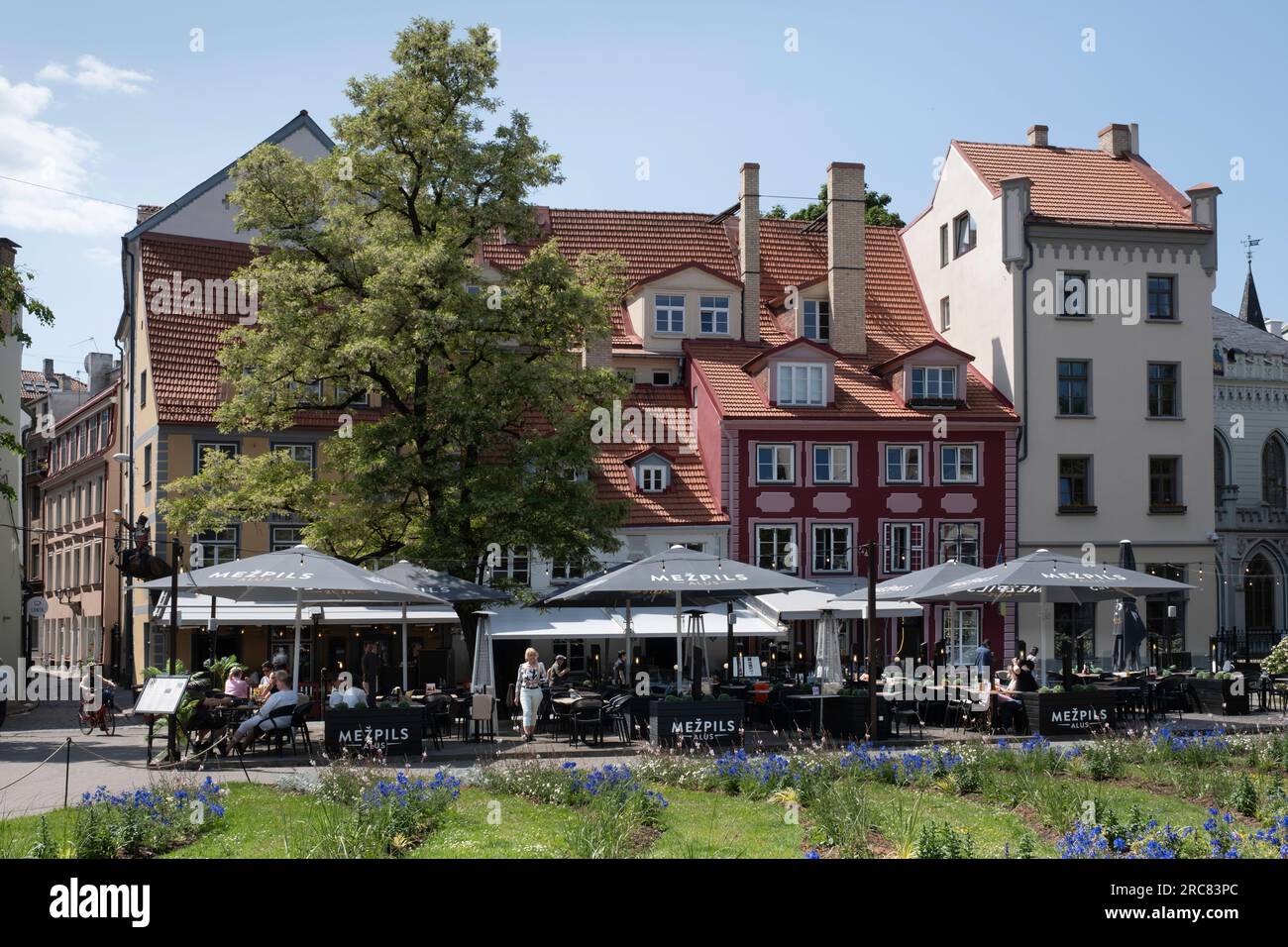 Der Livu-Platz (Līvu laukums) ist umgeben von attraktiven bunten Gebäuden, Cafés, Restaurants und Blumenbeeten in der Altstadt von Riga Stockfoto
