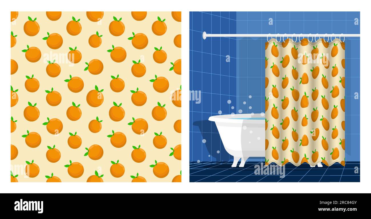 Badezimmer mit Badewanne und Vorhang, nahtlos verziertes Muster mit ganzen Orange- und Laubbbäumen. Vektordarstellung, Verzierung für das Posterdesign Stock Vektor