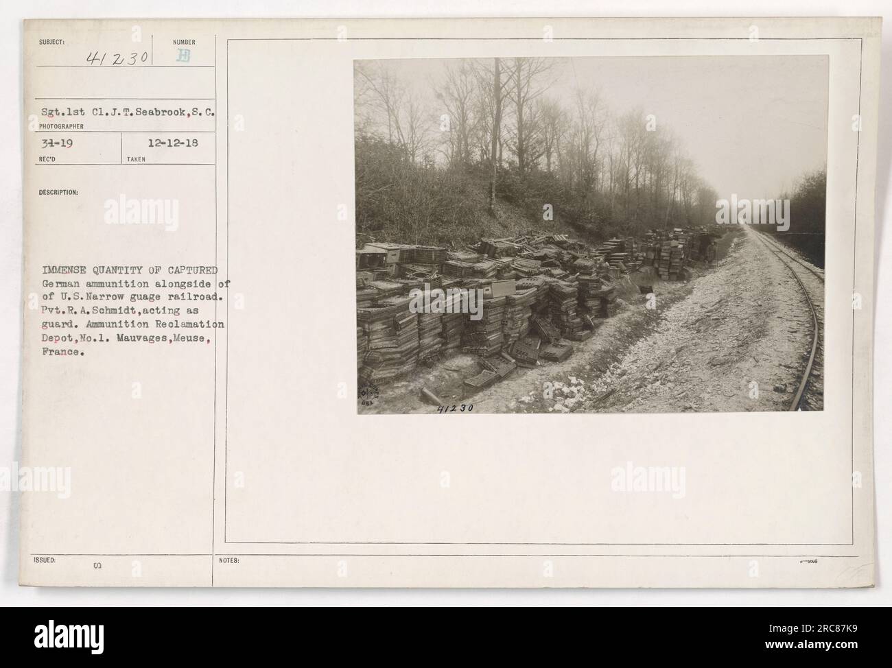 Sgt. 1. Klasse J.T. Seabrook aus South Carolina machte dieses Foto, das als 111-SC-41230 bezeichnet wurde. Das Bild zeigt eine große Menge gefangener deutscher Munition neben einer US-Schmalspurbahn. Private R.A. Schmidt wird als Wächter gesehen. Das Foto wurde am 12. Dezember 1918 im Munitions Reclamation Depot Nr. 1 in Mauvages, Mause, Frankreich, aufgenommen. Stockfoto