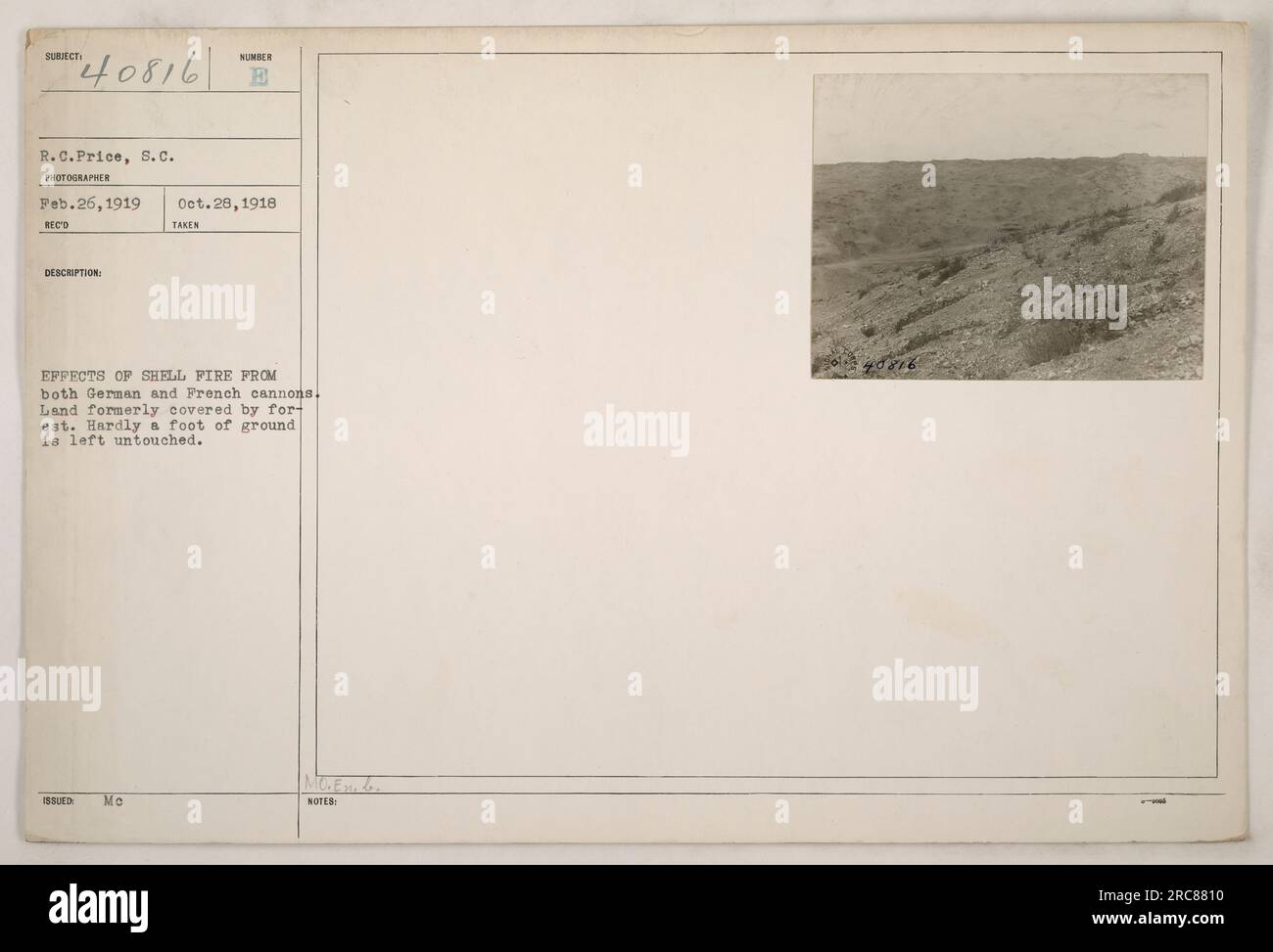 Schellfeuer-Effekte deutscher und französischer Kanonen sind auf diesem Foto von R.C. sichtbar Preis ab 28. Oktober 1918. Das Land, das zuvor von einem Wald bedeckt war, wurde völlig verwüstet. Es gibt kaum noch unberührten Boden. Militärische Informationen: Betrifft: 111-SC-40816. Fotograf: S.C. Price. Von MC ausgegeben. Bsp. ge Aufgenommen am: 26. Februar 1919. Stockfoto