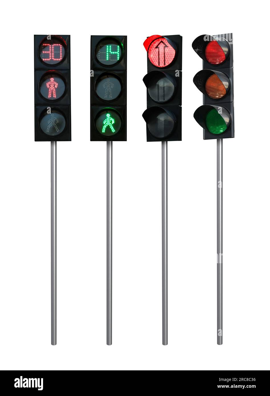 Verschiedene Ampeln mit Masten auf weißem Hintergrund, Collage-Design Stockfoto