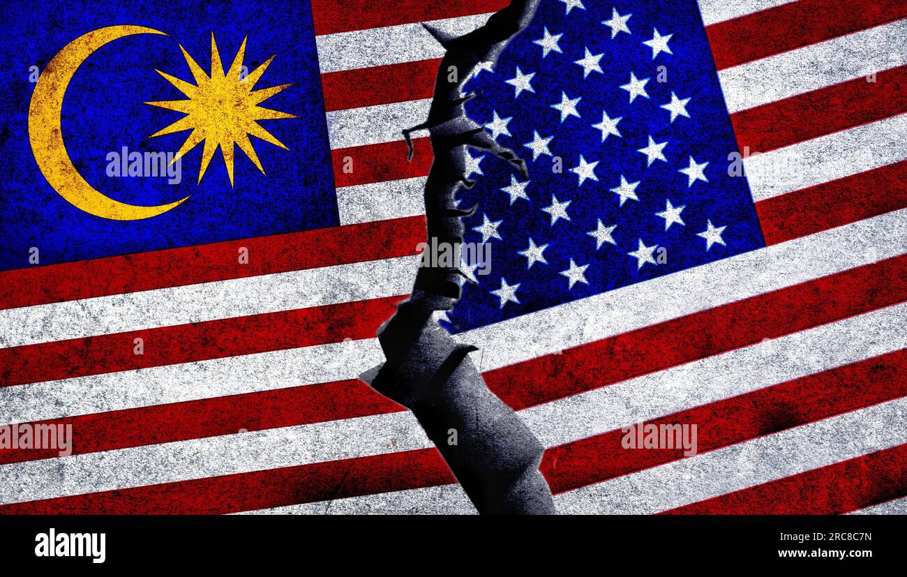 Die Flaggen der Vereinigten Staaten von Amerika und Malaysias zusammen. Beziehungen USA-Malaysia. Stockfoto