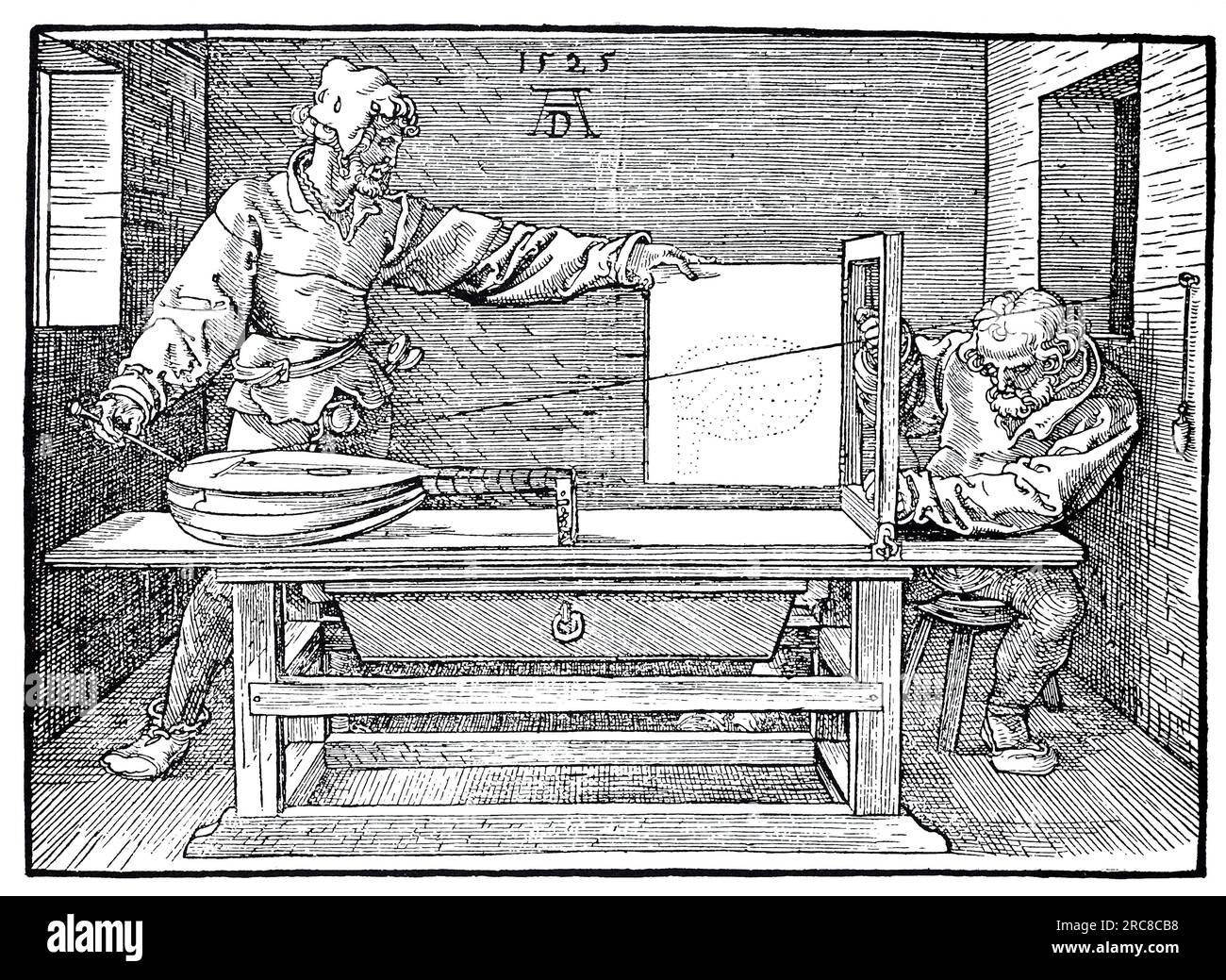 Über die Kunst der Messung. Ein Mann, der eine Laute malt, Holzschnitt von Albrecht Dürer, historische, digitale, verbesserte Reproduktion eines alten Holzschnitts Stockfoto