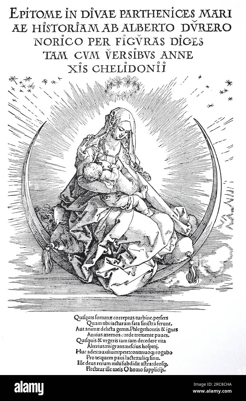 Titelseite über das Leben der Jungfrau in Buchform, die Jungfrau in Ruhm, Holzschnitt von Albrecht Dürer, historische, digital verbesserte Reproduktion eines alten Holzschnitts Stockfoto