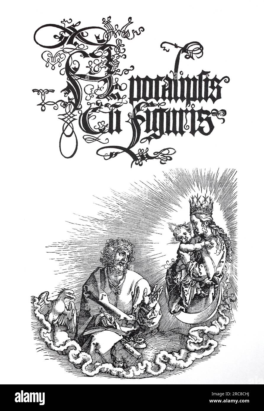Die Apokalypse in Buchform mit einer neuen Titelseite, Woodcut von Albrecht Dürer, historische, digital verbesserte Reproduktion eines alten Holzschnitts Stockfoto