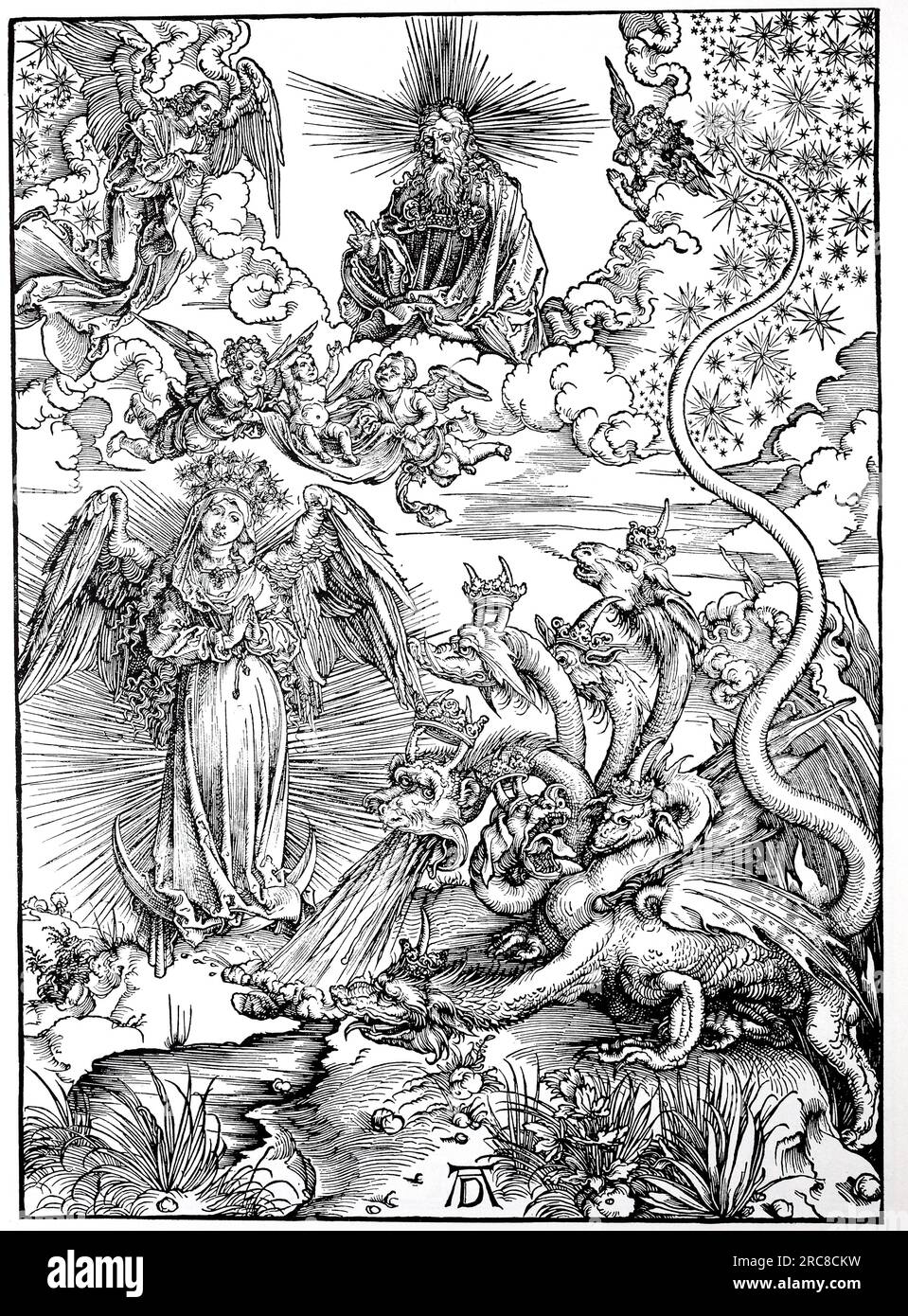 Die Apokalypse, die Frau bekleidet mit der Sonne, und der siebenköpfige Drache, Holzschnitt von Albrecht Dürer, historische, digitale verbesserte Reproduktion eines alten Holzschnitts Stockfoto