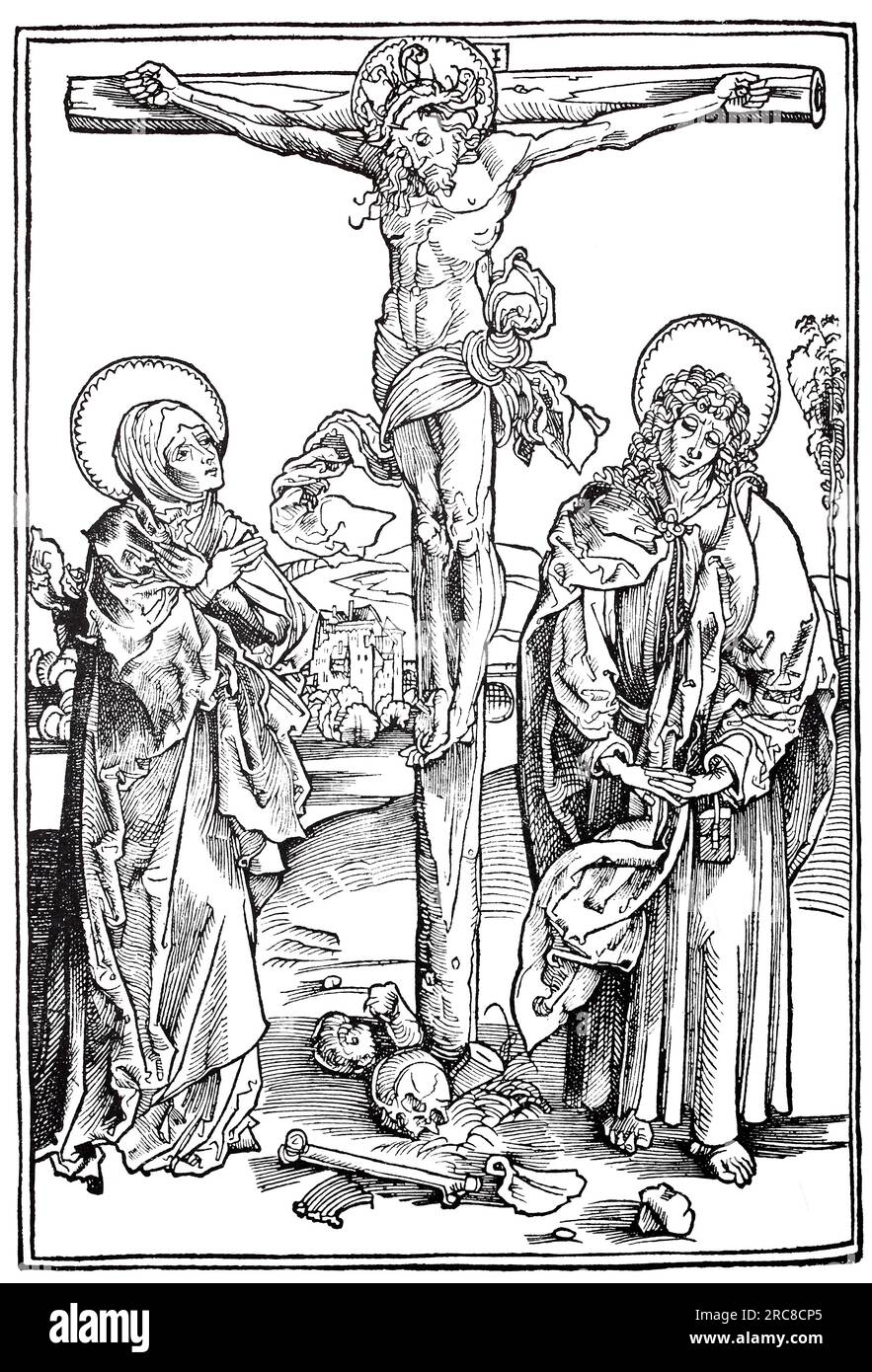 Illustrationen zu den Enthüllungen der Heiligen Bridget, die Kreuzigung, der Holzschnitt von Albrecht Dürer, die historische, digital verbesserte Reproduktion eines alten Holzschnitts Stockfoto