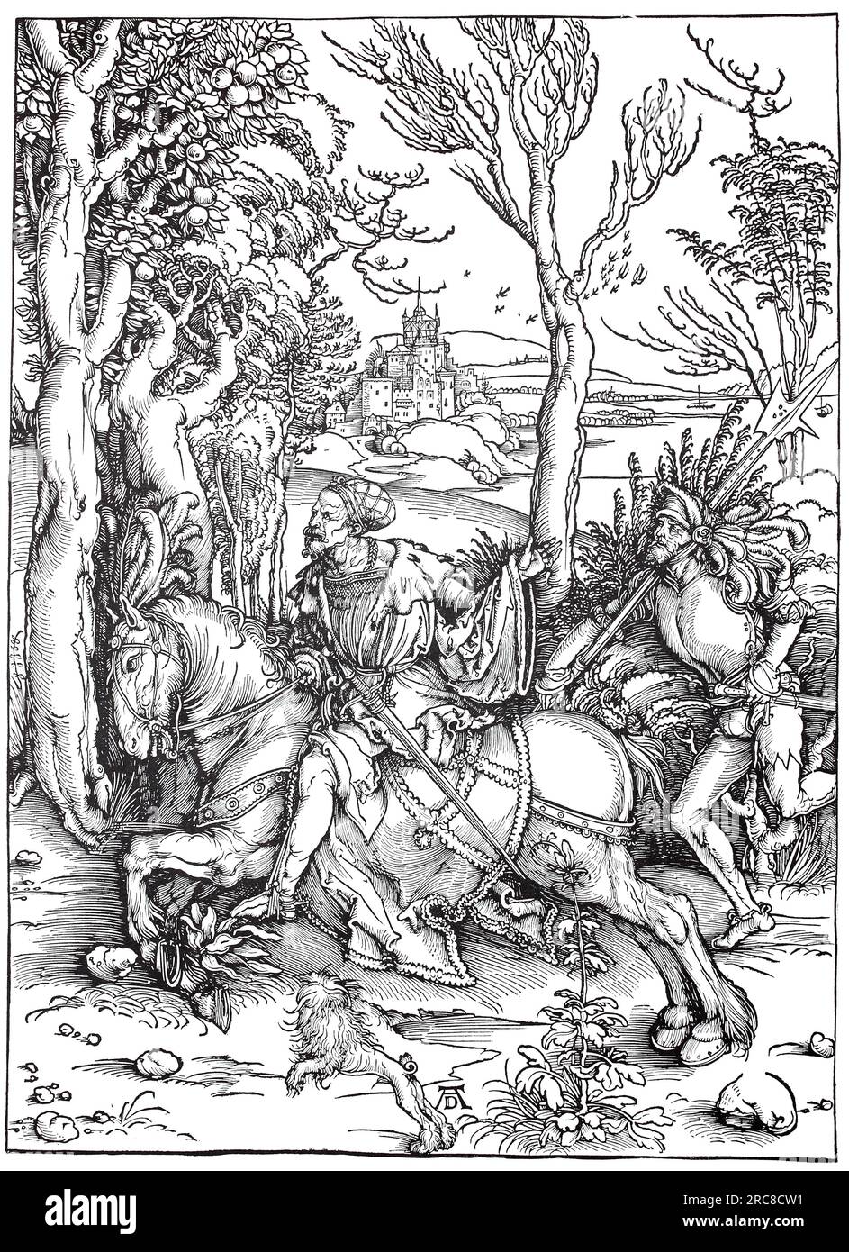 Knight und Landsknecht, Holzschnitt von Albrecht Dürer, historische, digitale verbesserte Reproduktion eines alten Holzschnitts Stockfoto