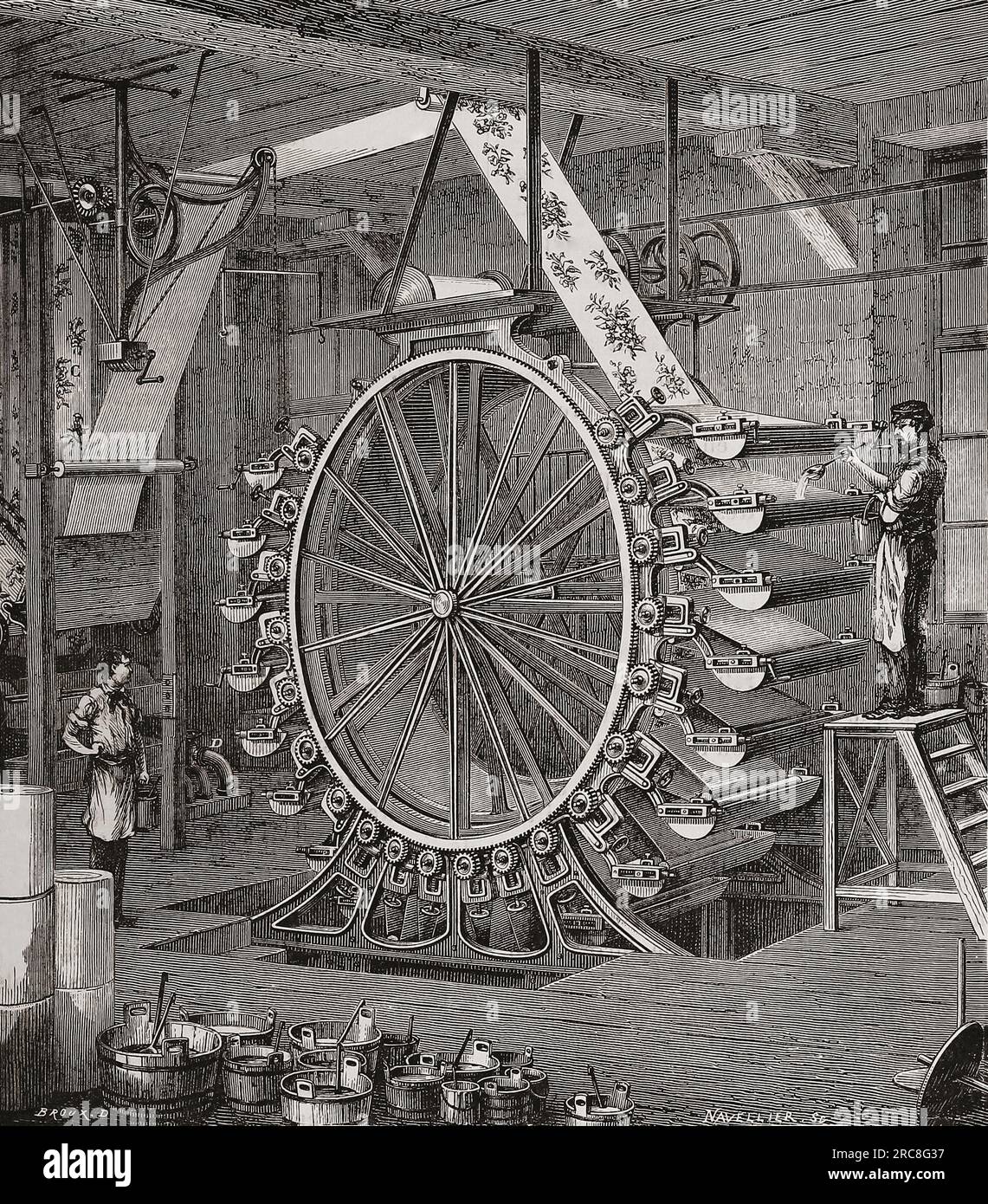 Tapetendruckmaschine aus dem 19. Jahrhundert. Nach einer Illustration in Les merveilles de l'Industrie von Louis Figuier, veröffentlicht 1877. Stockfoto