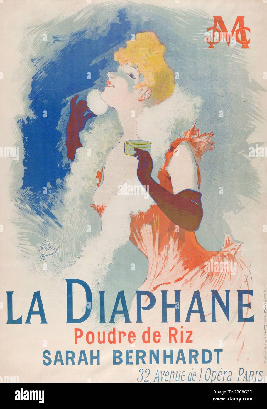 Poster, ca. 1900, mit französischer Schauspielerin Sarah Bernhardt, die La Diaphane Reispulver - La Diaphane Poudre de Riz unterstützt. Stockfoto