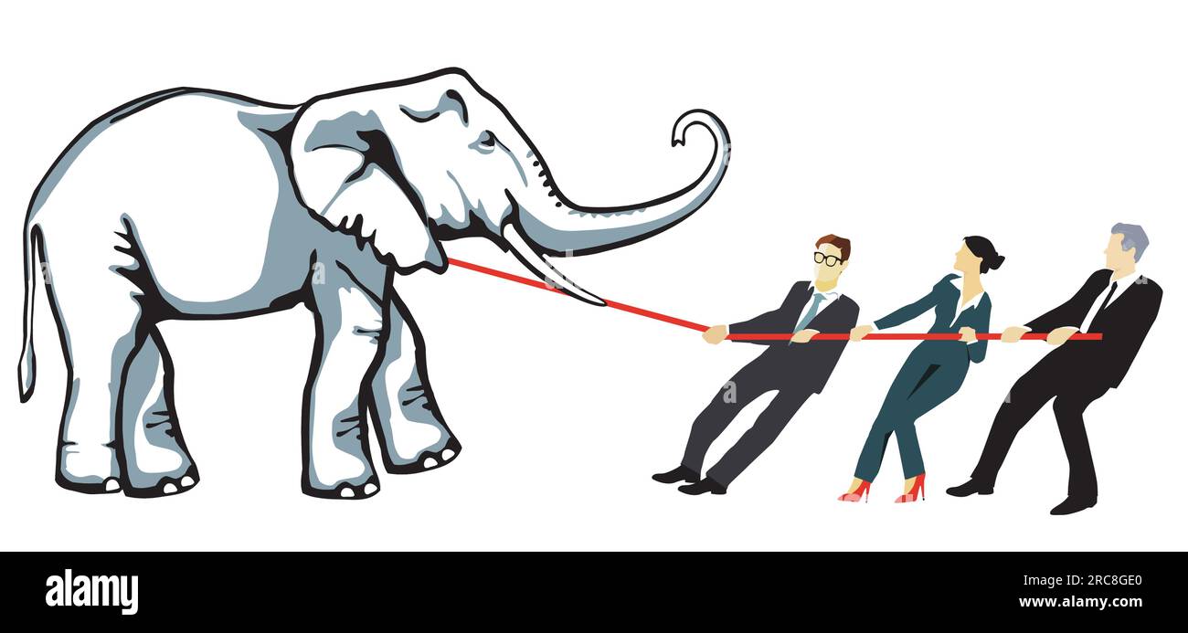 Ein Schlepptrupps zieht einen Elefanten an den gegenüberliegenden Enden eines Seils, Illustration Stock Vektor