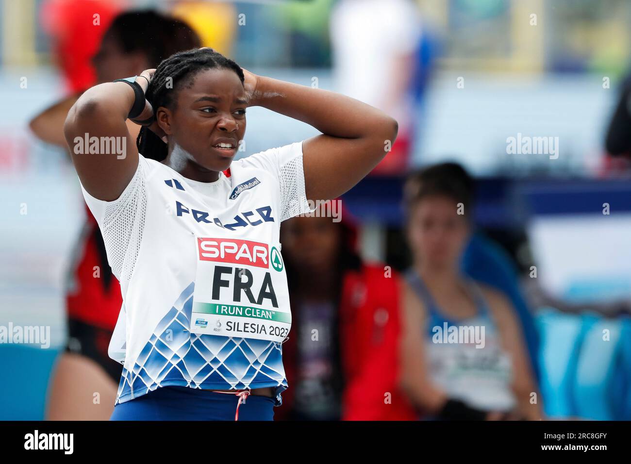 Chorzow, Polen. 23. Juni 2023: Naomie What of France reagiert während des Women's Shot Put während der Leichtathletik-Meisterschaften der europäischen Teams, der Europameisterschaften – Tag 4 im Slaski-Stadion in Chorzow, Polen. 23. Juni 2023. (Foto: Nikola Krstic/Alamy) Stockfoto