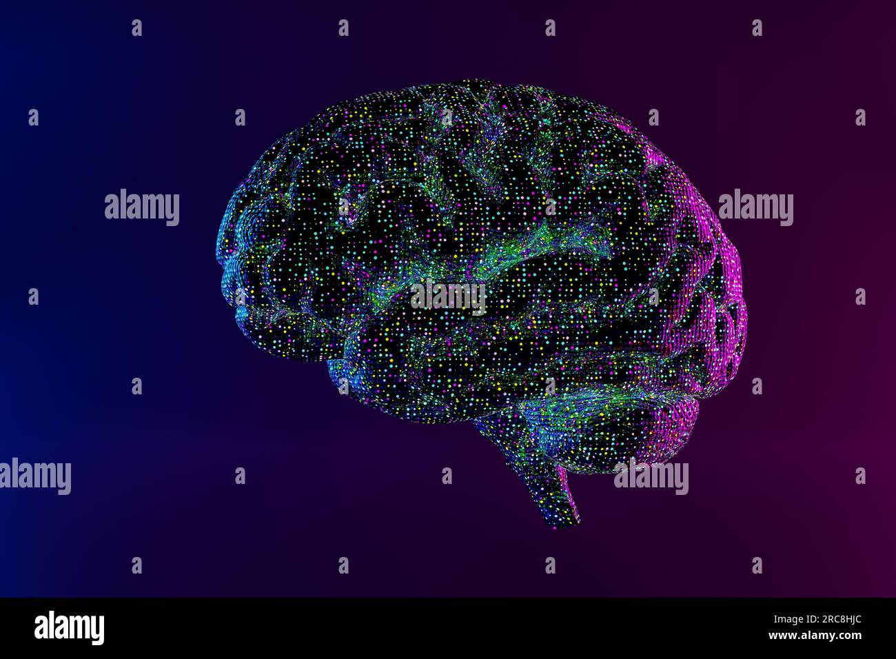 Abstraktes Hirn-Hologramm. Futuristisches, leuchtendes, polygonales Gehirn mit verbundenen Linien, Sternen, Punkten und Dreiecken auf dunkelblauem Hintergrund. Neuro Stockfoto