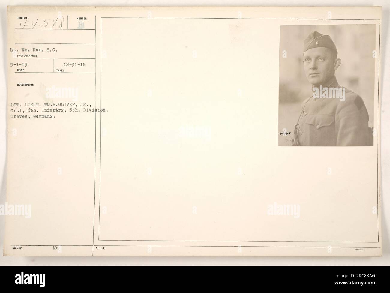 Auf diesem Foto mit der Nummer 111-SC-44548 sind 1. Lieutenant WM. B. Oliver, Jr., von Co Ich, 6. Infanterie, 5. Division, in Treves, Deutschland. Das Bild wurde am 31. Dezember 1918 von Sergeant Major Reed aufgenommen. Stockfoto