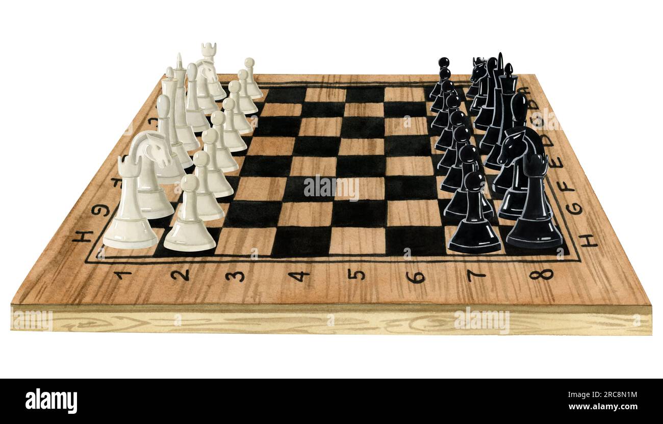 Aquarelle Schachbretter aus Holz mit schwarz-weißen Stücken Aquarell. Brauner Schreibtisch mit Figuren für den Spielbeginn Stockfoto
