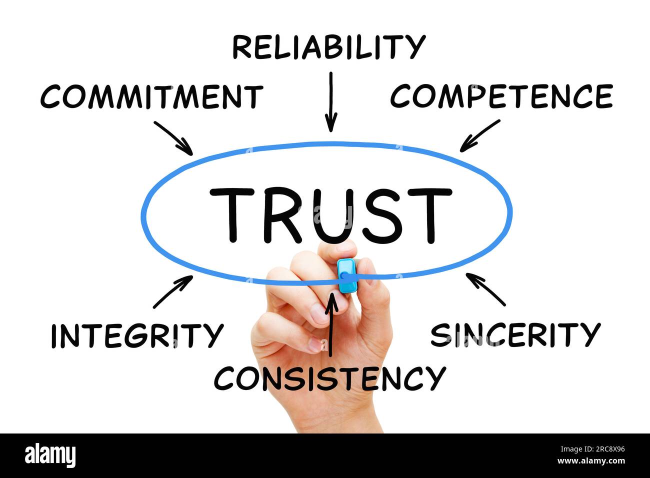 Handschriftliches Diagrammkonzept über Vertrauen in das Geschäft mit verwandten Begriffen Zuverlässigkeit, Integrität, Kompetenz, Aufrichtigkeit, Engagement und Konsistenz. Stockfoto