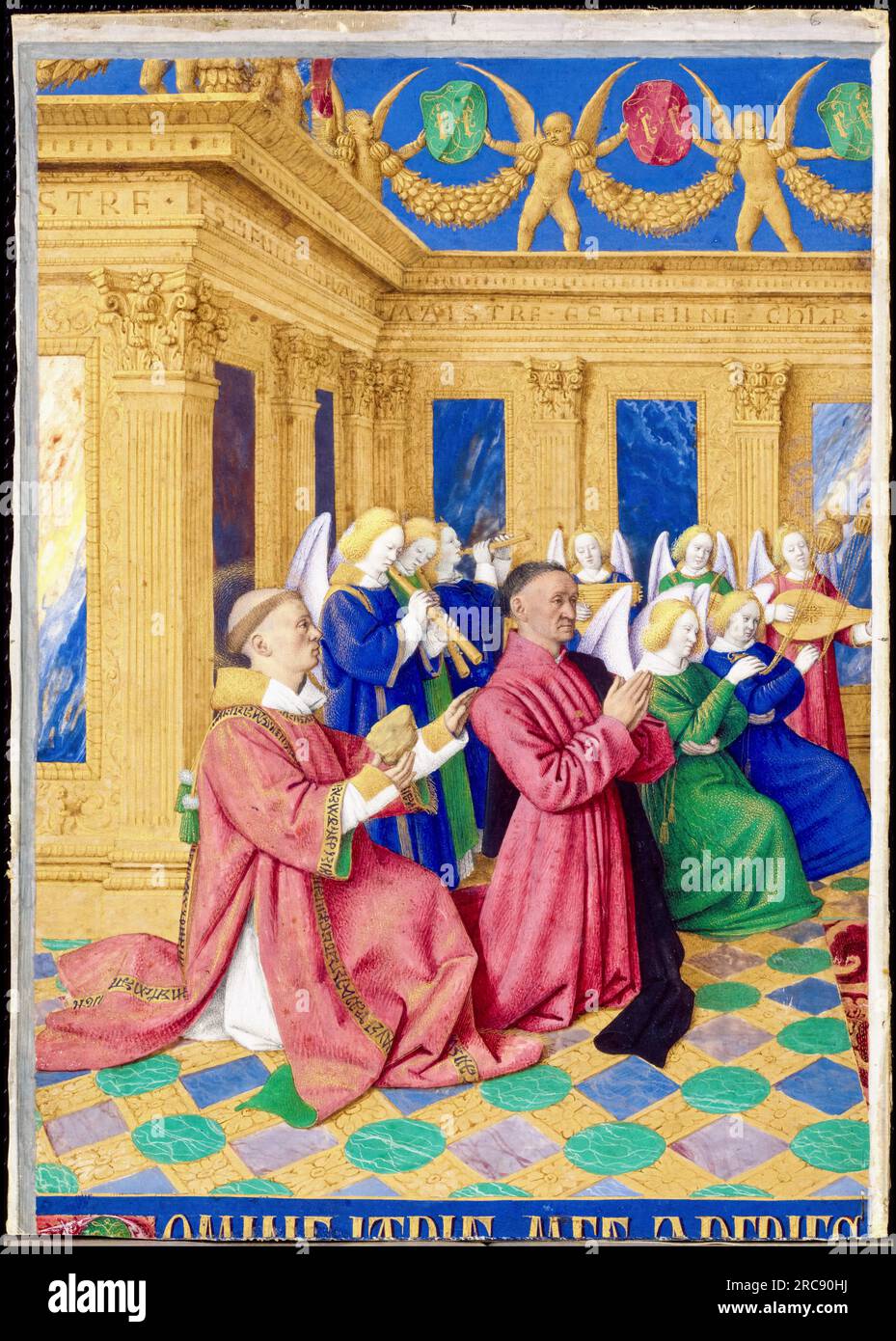 Etienne Chevalier und Saint Etienne, sein Schutzpatron, Aus den Stunden von Etienne Chevalier, beleuchtetes Manuskript auf Pergament von Jean Fouquet, 1452-1460 Stockfoto