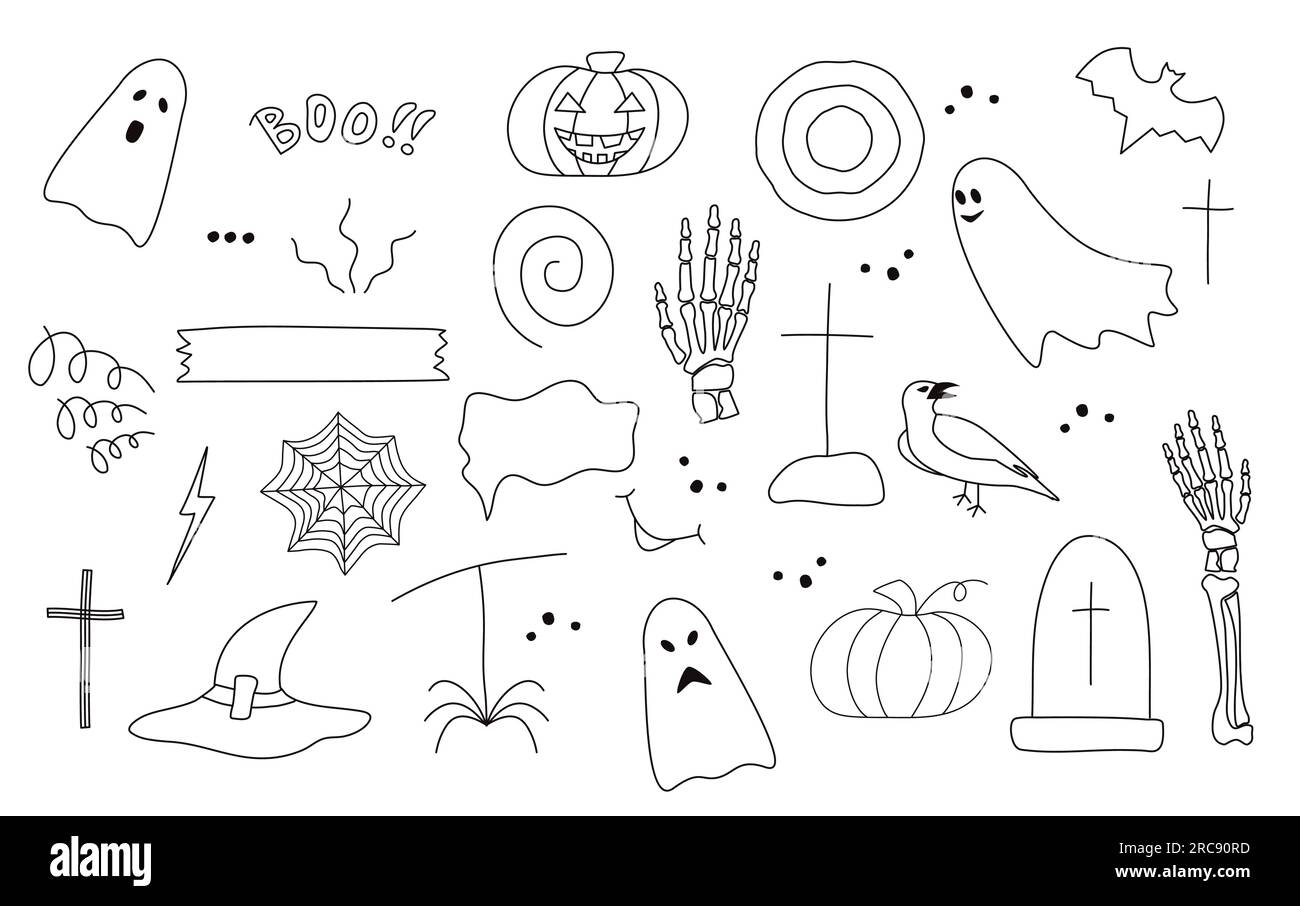 Halloween-Set mit Doodle-Illustrationen Schwarze Kontur Designelemente von Hand gezeichnete Vektordarstellung isoliert auf weißem Hintergrund. Stock Vektor