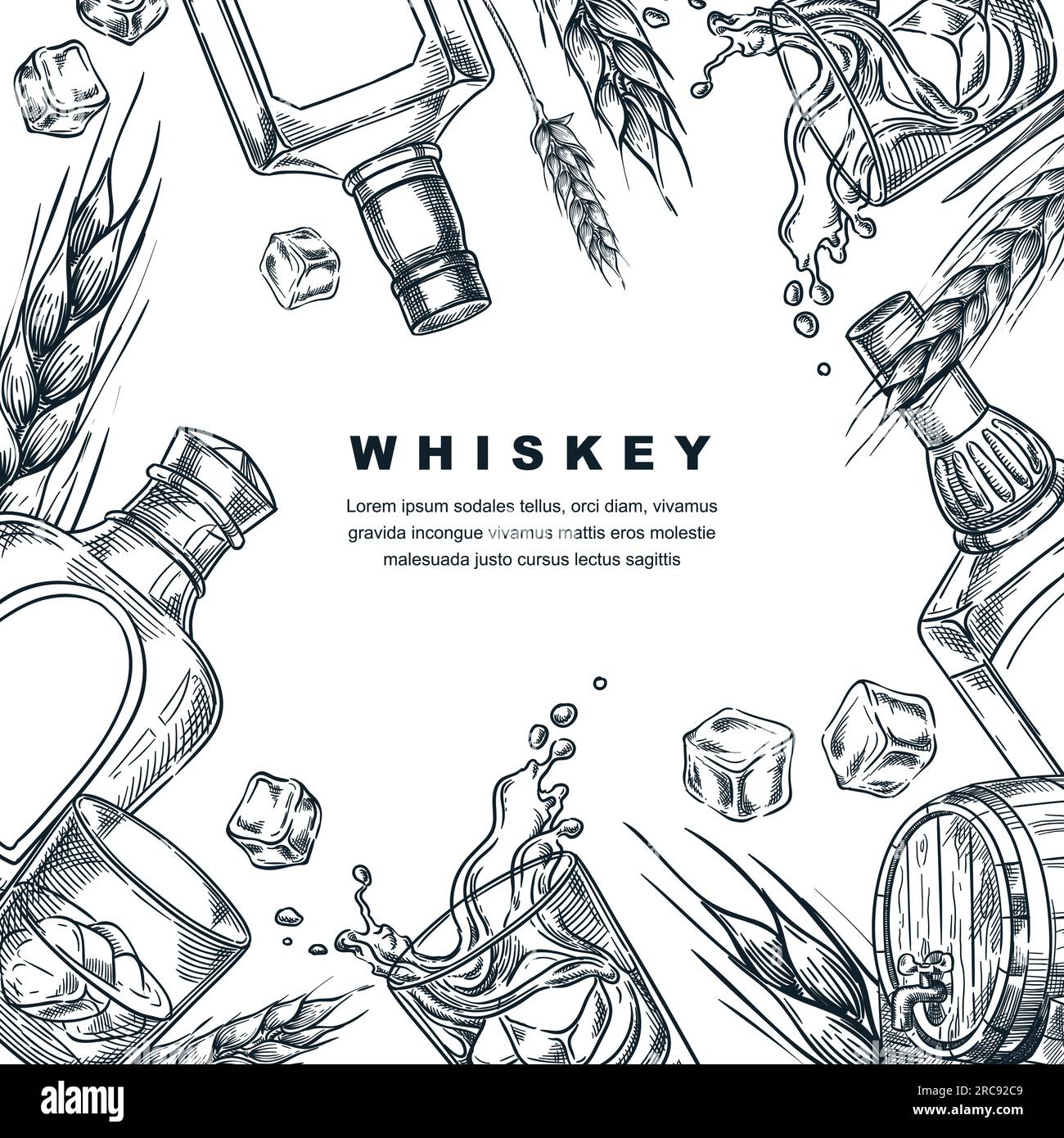 Banner mit Whiskey-Verkostung, Poster, Party-Flyer. Vektorskizze quadratischer Rahmen Darstellung von Whisky- oder Brandyflasche, Gläsern, Gerste, Weizen. Alkohol vom Weingut Stock Vektor Banner mit Whiskey-Verkostung, Poster, Party-Flyer. Vektorskizze quadratischer Rahmen Darstellung von Whisky- oder Brandyflasche, Gläsern, Gerste, Weizen. Alkohol vom Weingut Stock Vektor