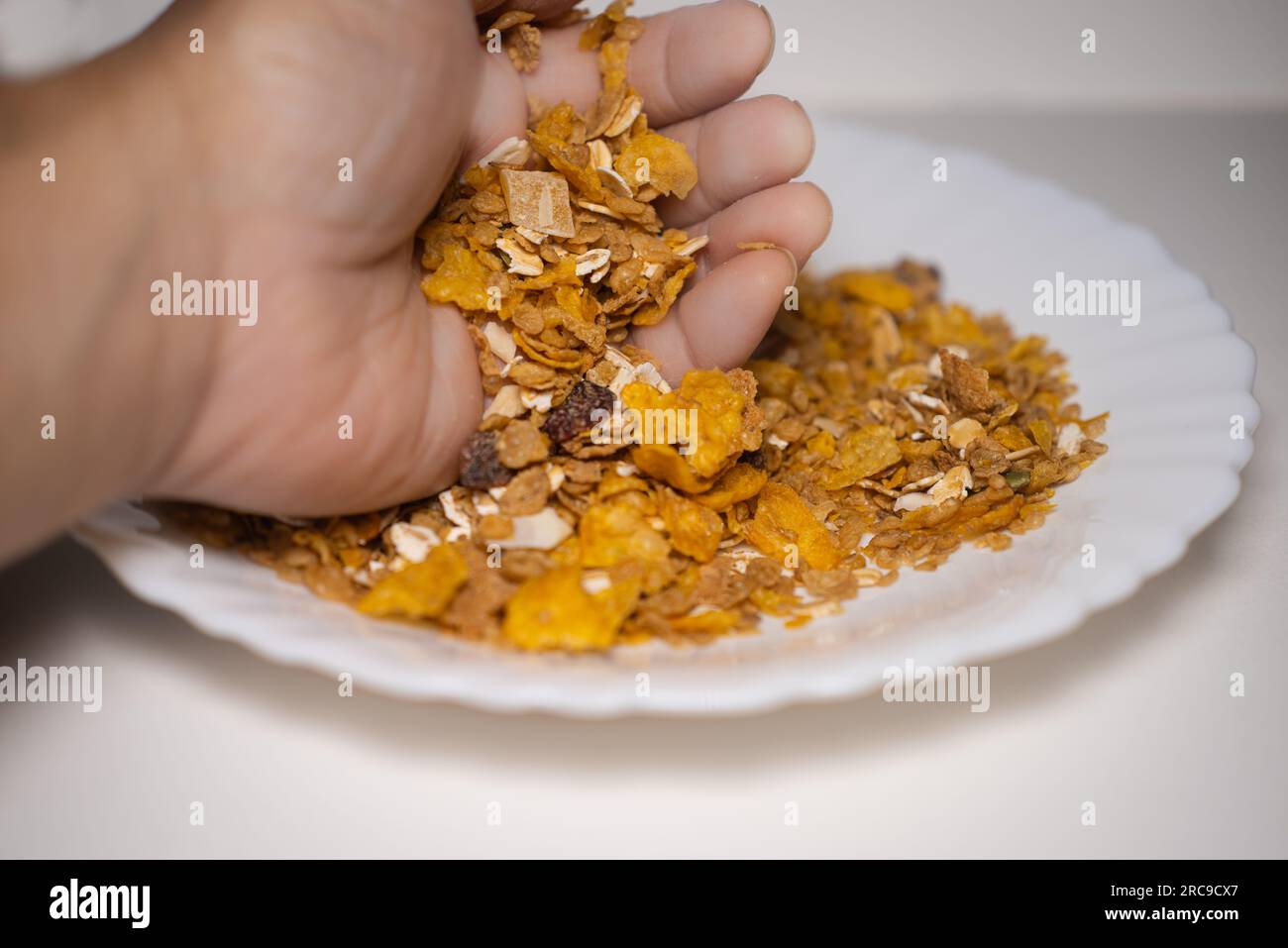 Nahaufnahme von einigen trockenen Muesli-Früchten, Nüssen, Hafer und Samen Stockfoto