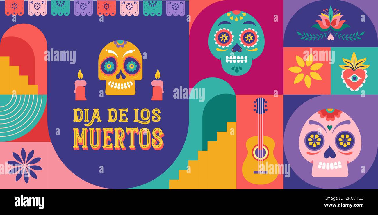 Dia de los muertos, Todestag, mexikanischer Feiertag, Festival. Vektorposter, Banner und Karte in modernem geometrischen Stil, mit Totenköpfen, Kirche Stock Vektor