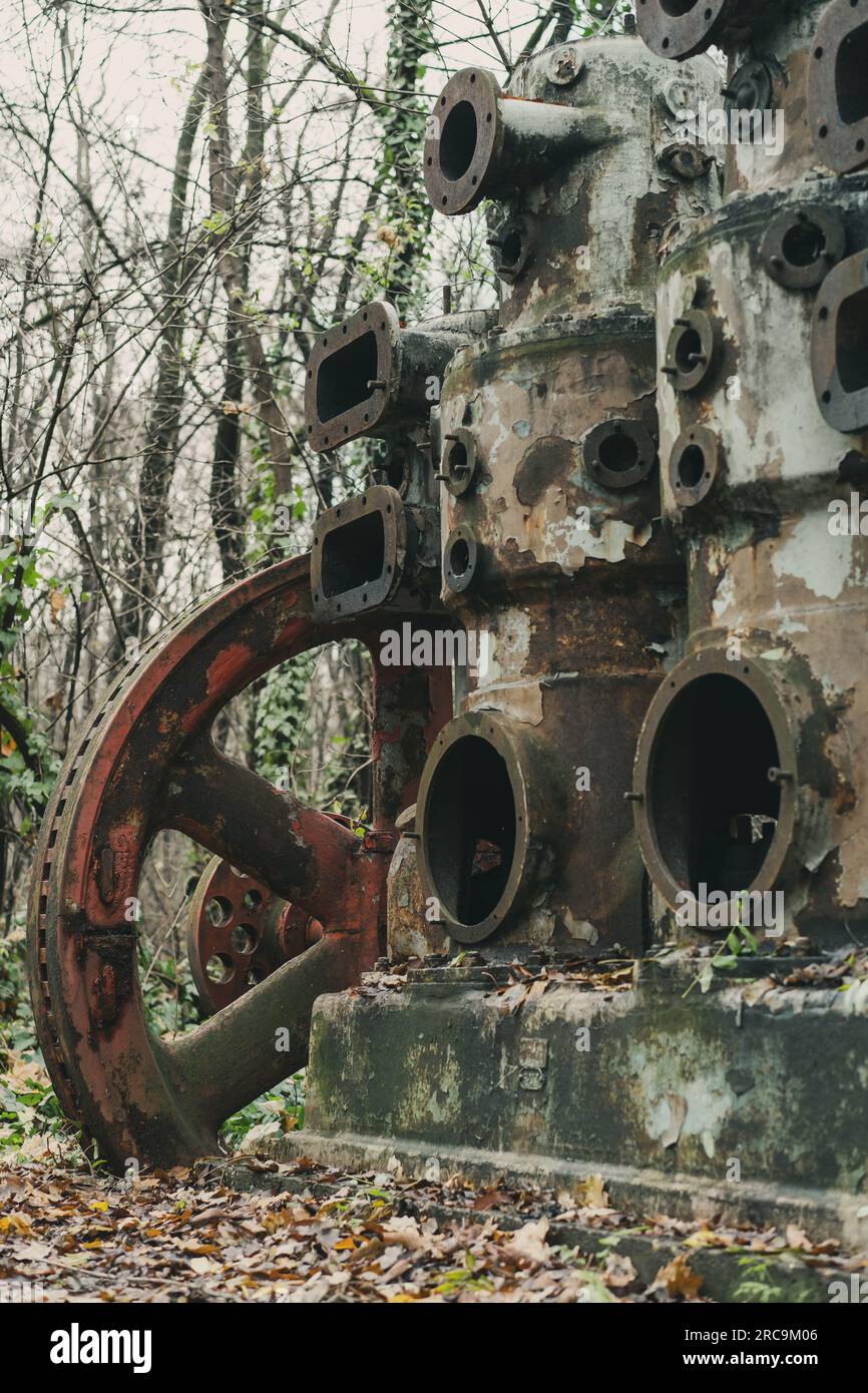 Ein alter verrosteter Luftkompressor im Wald. Industrielle Geschichtsmaschine. Eisen- und Stahlproduktion. Verlassene Maschine. Stockfoto