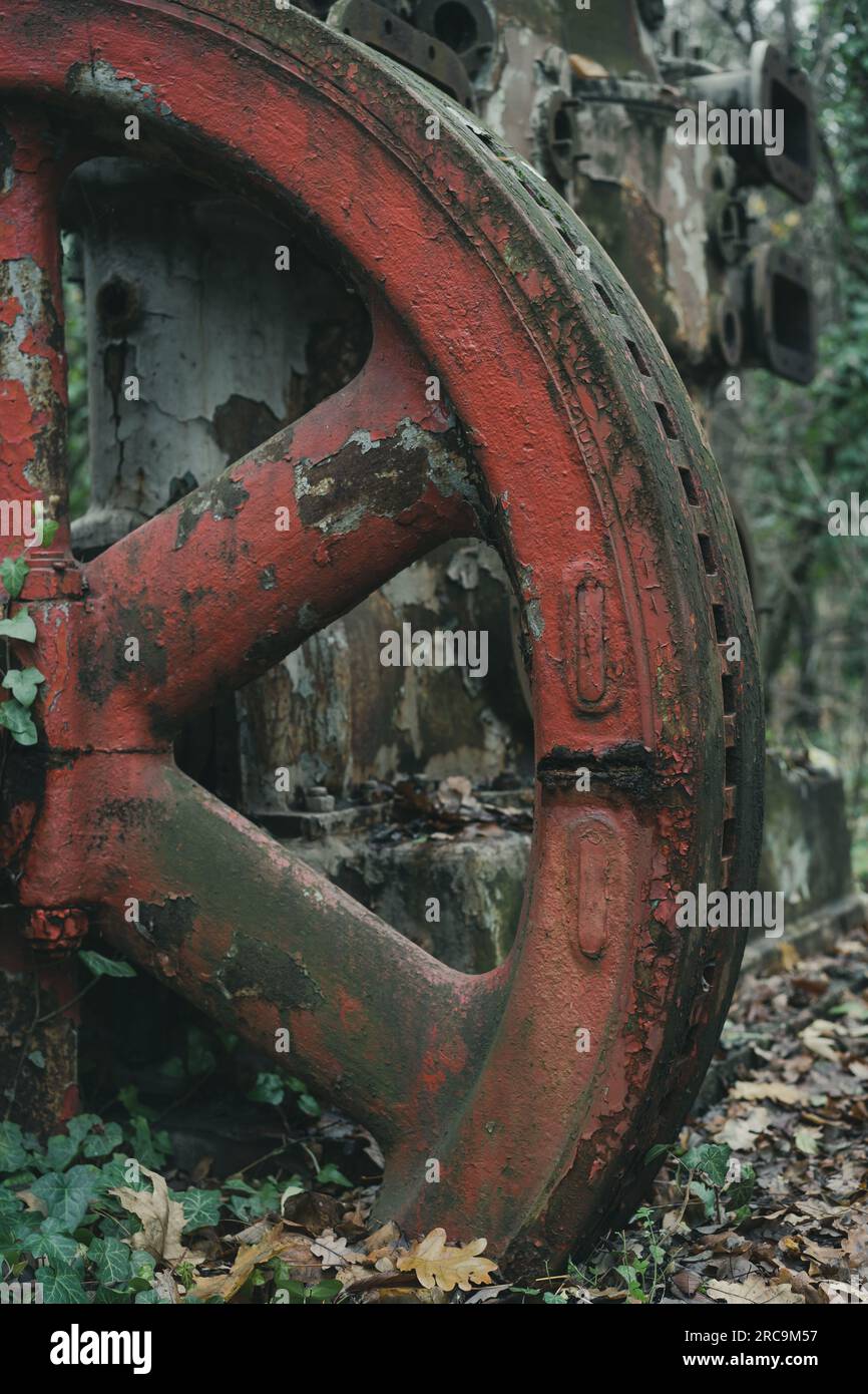 Detail eines roten Rads eines alten verrosteten Luftkompressors im Wald. Industrielle Geschichtsmaschine. Eisen- und Stahlproduktion. Verlassene Maschine. Stockfoto