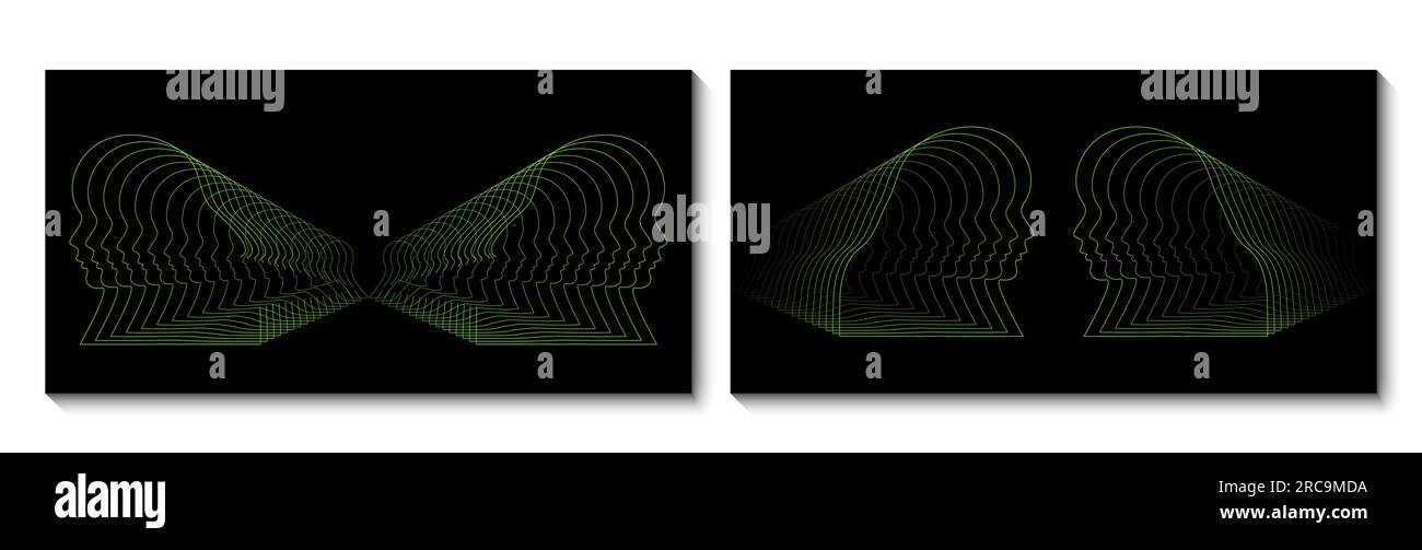 Abstrakte Neonformen Psychedelische Poster stellen die Silhouette des menschlichen Kopfes dar, die aus Drahtmodelllinien besteht, die glühende Struktur Retro futuristisches Design Vector Stock Vektor
