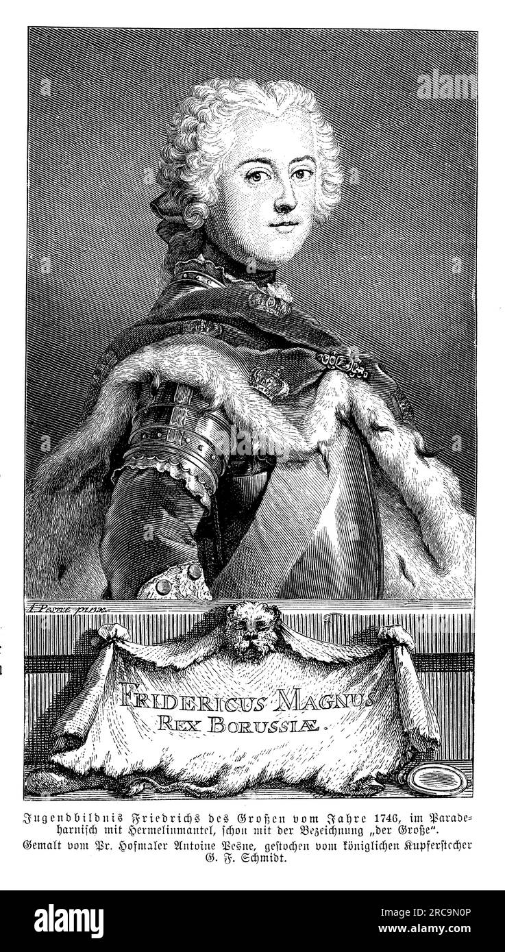 Porträt von Frederick der Grosse im Hermelin-Mantel mit 34 Jahren, auch bekannt als Frederick der große, geboren am 24. Januar 1712, König von Preußen von 1740 bis zu seinem Tod 1786. Er war einer der renommiertesten und einflussreichsten Monarchen in der preußischen und europäischen Geschichte. Friedrich der große wird für seine militärische Brillanz, seine strategische Kriegsführung und seine Bemühungen zur Stärkung des preußischen Staates in Erinnerung gerufen. Er modernisierte die preußische Armee und führte innovative Taktiken und Militärreformen ein. Frederick der große war an mehreren Militärkampagnen beteiligt, unter anderem an den Schlesischen Kriegen, dem Sieben-Jahre-Krieg und dem T. Stockfoto