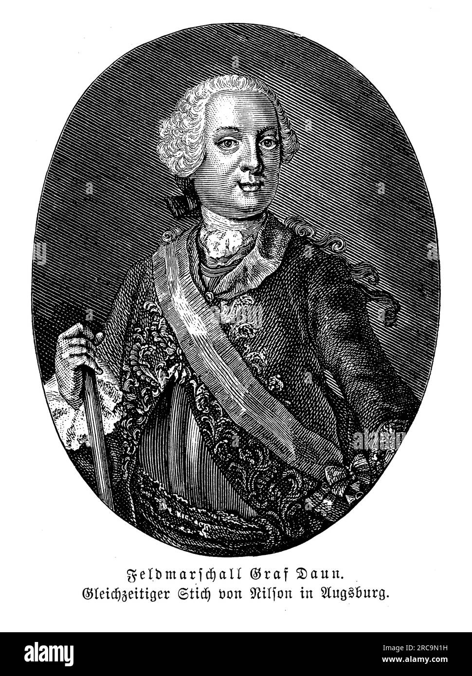 Porträt von Feldmarschall Leopold Josef Graf Daun, oft auch als Graf Daun bezeichnet, dem prominenten österreichischen Militärführer im 18. Jahrhundert. Er wurde am 24. Oktober 1705 geboren und diente in der Habsburger Armee unter Kaiserin Maria Theresa und später unter Kaiser Joseph II Graf Daun ist am besten bekannt für sein Kommando während des Siebenjährigen Krieges, wo er eine entscheidende Rolle in mehreren bedeutenden Schlachten spielte, darunter die Schlacht von Kolin im Jahr 1757 und die Schlacht von Maxen im Jahr 1759. Er wurde für seine strategischen Fähigkeiten und seine Verteidigungstaktik hoch geschätzt. Graf Dauns vorsichtiger Ansatz und Abwehrfähigkeit Stockfoto