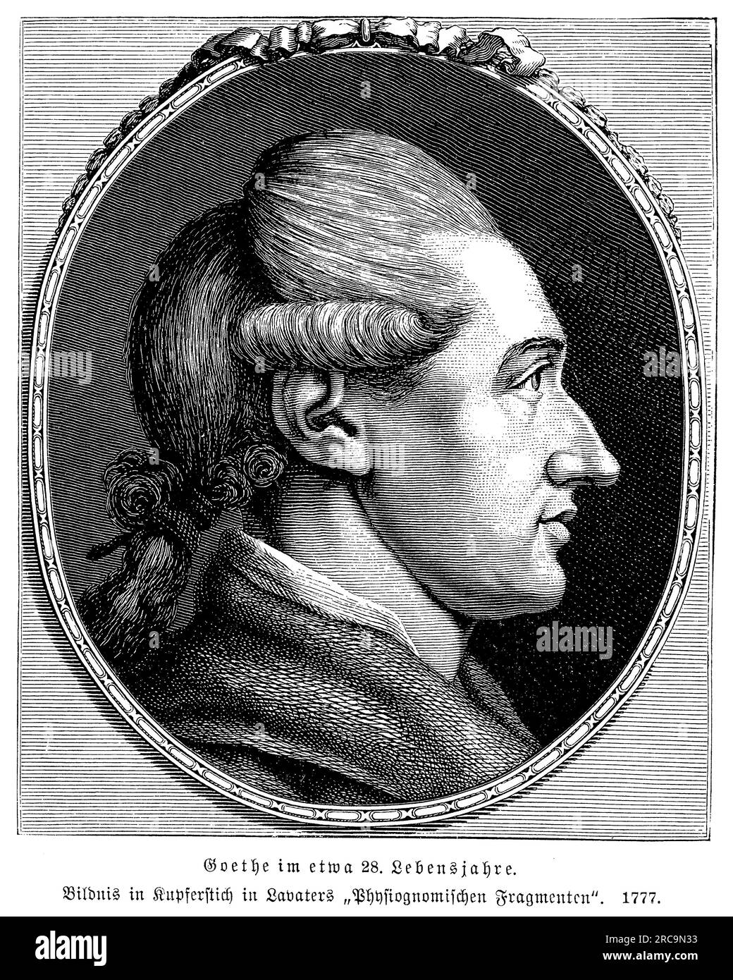 Das Porträt des jungen Goethes im Alter von 28 Jahren. Johann Wolfgang von Goethe gilt als der größte Schriftsteller in der deutschen Sprache. Stockfoto