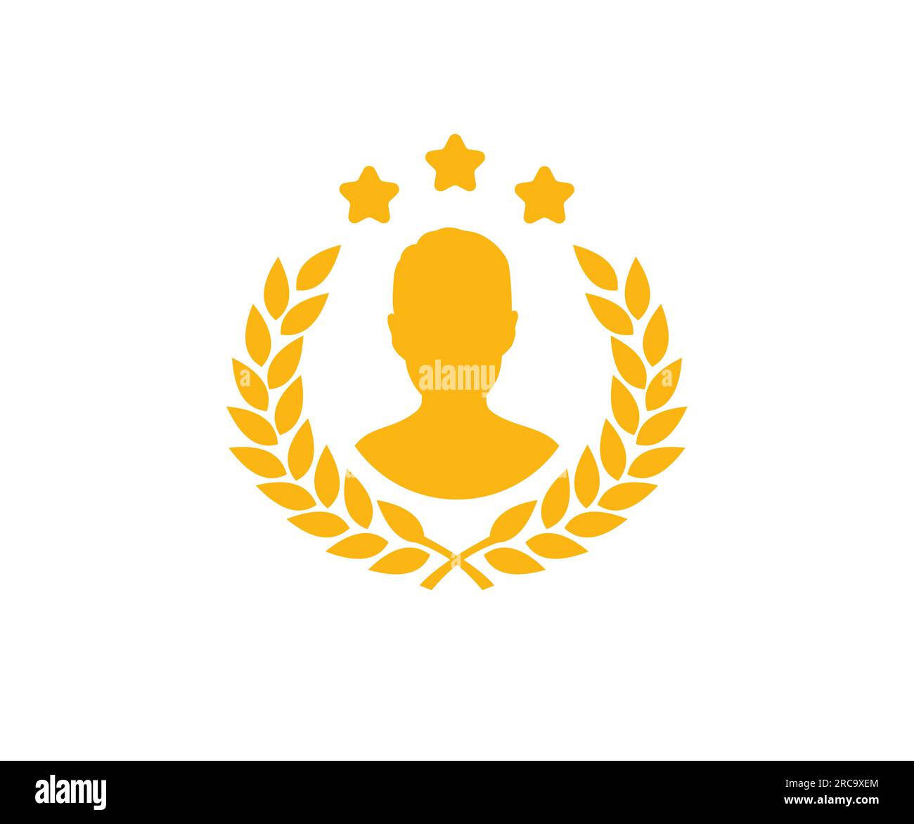 Kreisförmiges Lorbeerblatt in goldener Silhouette mit Avatar, Weizen- und Eichenkränze für Männer, die ein preisgekröntes, erfolgreiches und heraltrockenes Logo darstellen. Gold-Sieger. Stock Vektor