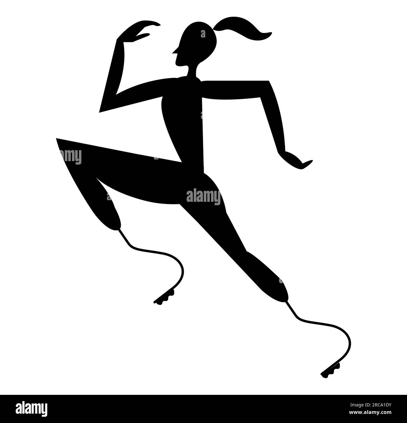 Schwarze Silhouette einer jungen Frau mit Beinprothese beim Joggen, Laufen und Training, Vektordarstellung isoliert auf weißem Hintergrund Stock Vektor