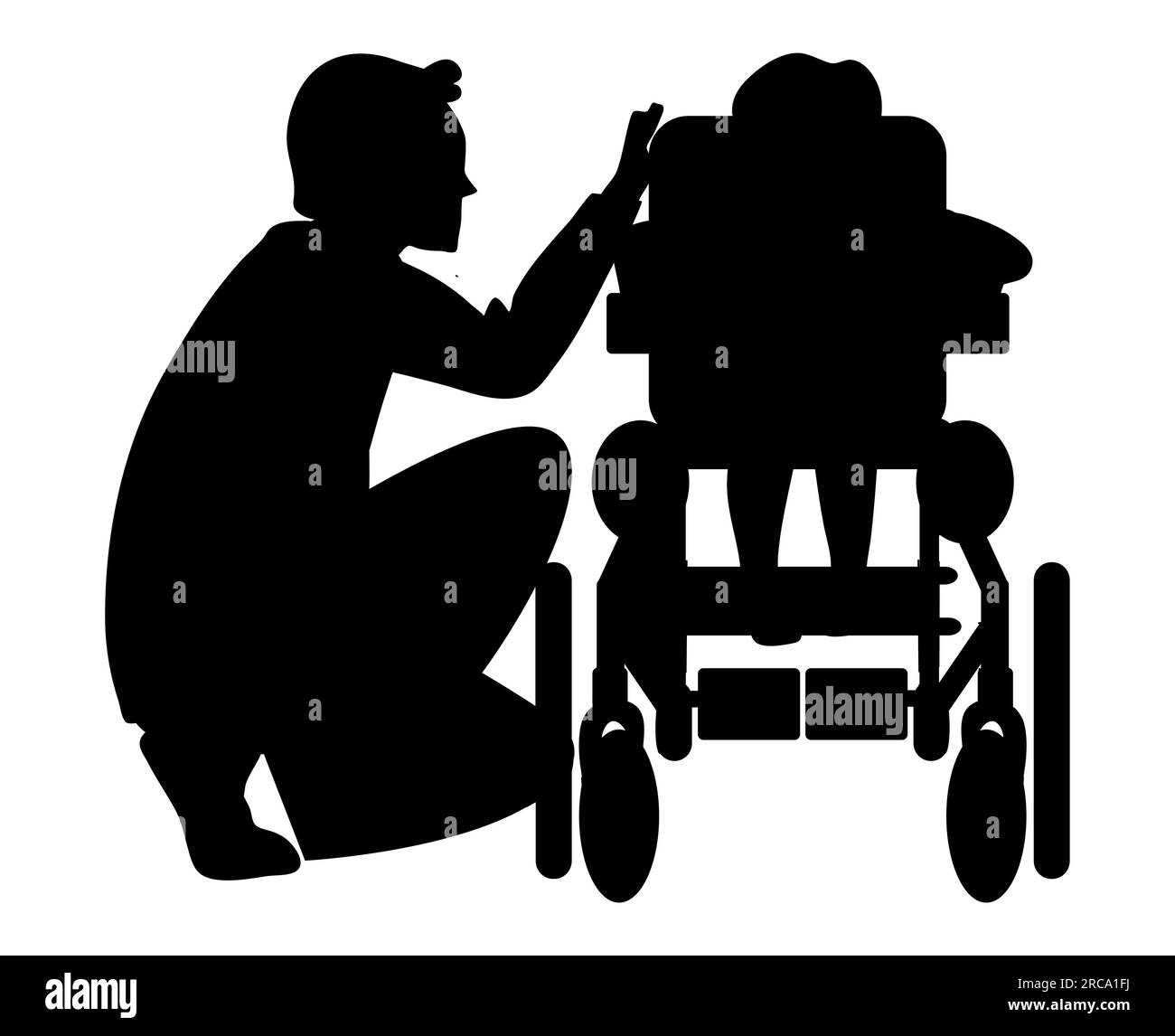 Schwarze Silhouette eines Mannes, der ein kleines Mädchen im Rollstuhl tröstet, Vektordarstellung isoliert auf weißem Hintergrund Stock Vektor