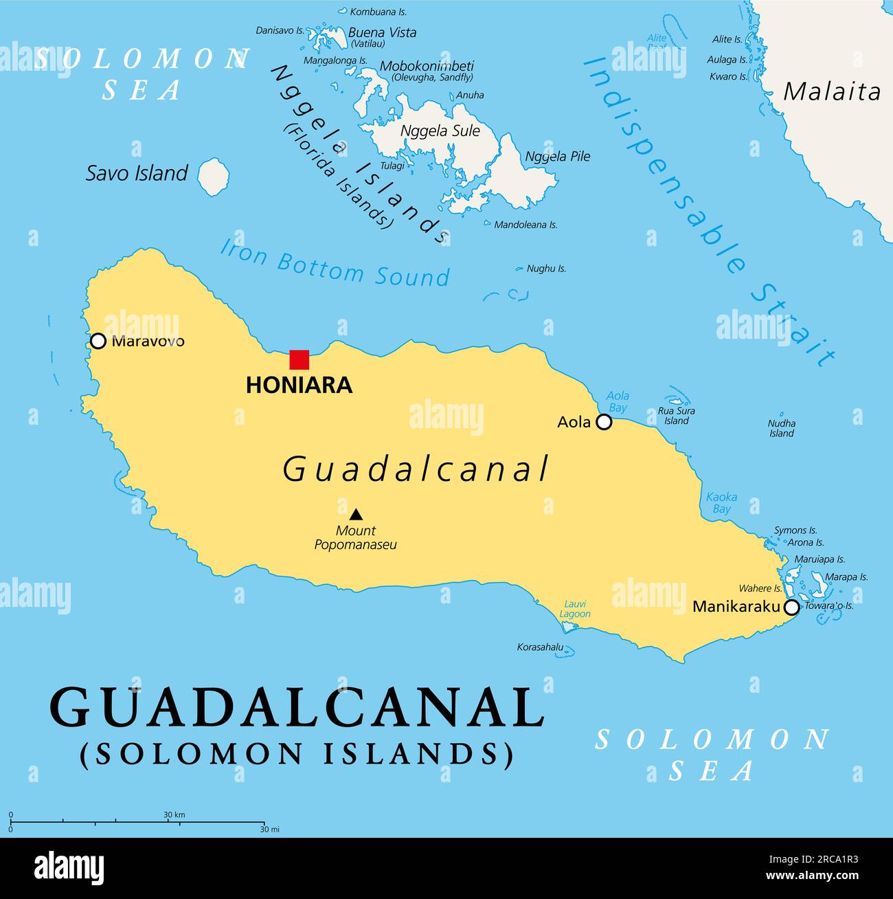Guadalcanal, die wichtigste und größte Insel der Salomonen, liegt in der Salomonen-See und im südwestlichen Pazifik mit der Hauptstadt Honeira. Stockfoto