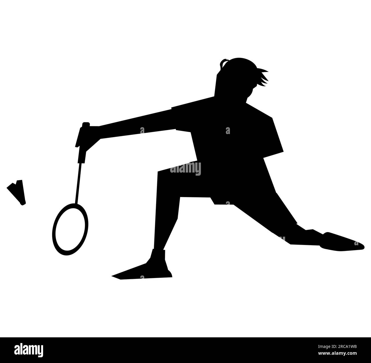 Schwarze Silhouette eines professionellen Badminton-Spielers, der sich dem Shuttle nähert, um einen kräftigen Schuss zu machen, Vektordarstellung isoliert auf Weiß Stock Vektor