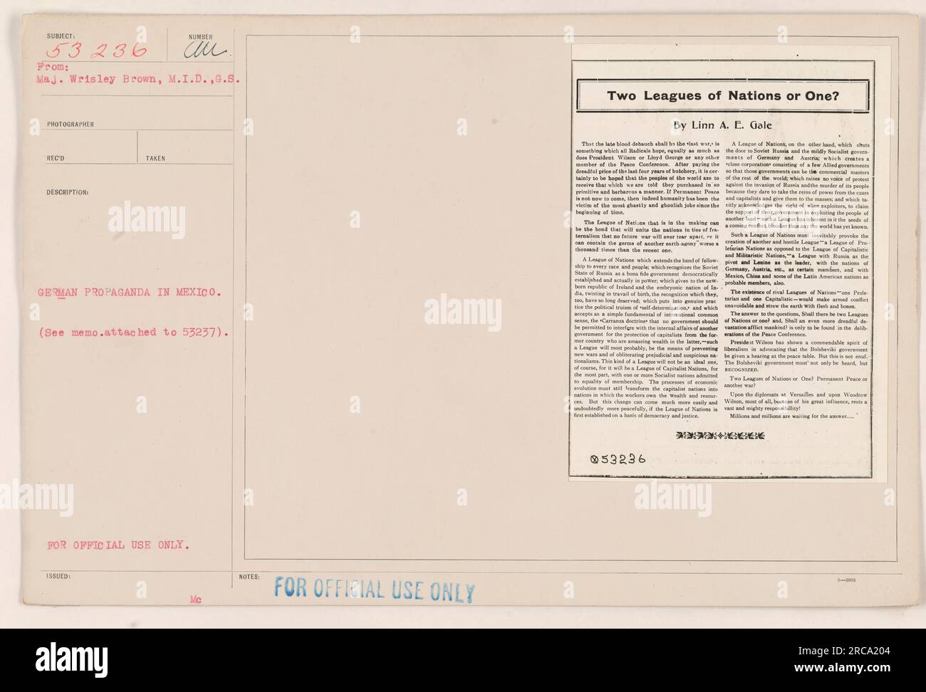 Foto von deutscher Propaganda in Mexiko während des Ersten Weltkriegs. Das Bild ist Teil der Fotografien der Sammlung amerikanischer Militäraktivitäten. Das Bild dient als Beweis für deutsche Versuche, während des Krieges Propaganda zu verbreiten und Mexiko zu beeinflussen. Die Notiz zu diesem Foto enthält weitere Details. Stockfoto