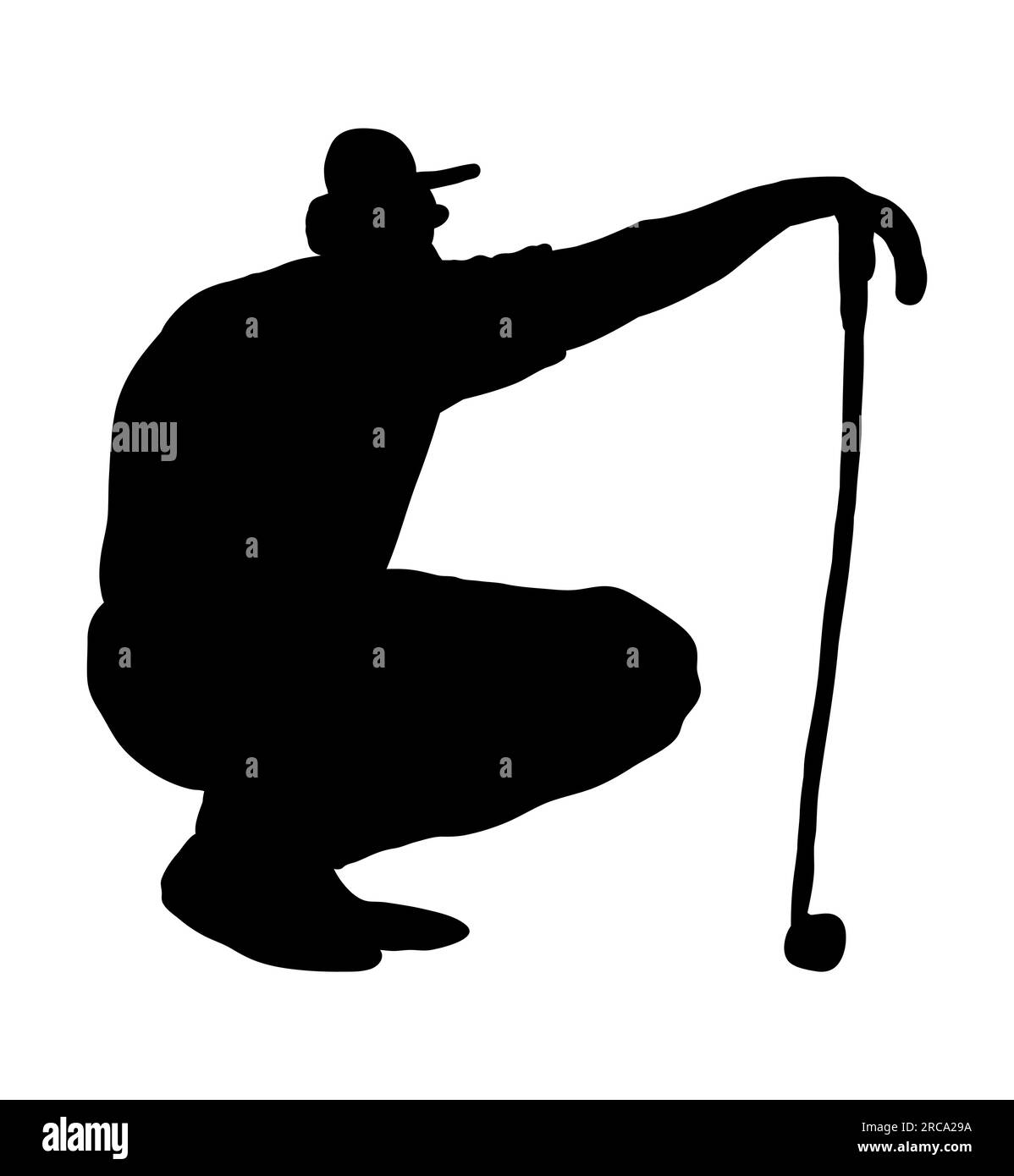 Schwarze Silhouette eines männlichen Golfers, der auf dem Boden sitzt und einen Golfschläger im Spiel hält, sportliche Vektordarstellung isoliert auf weißem Hintergrund Stock Vektor