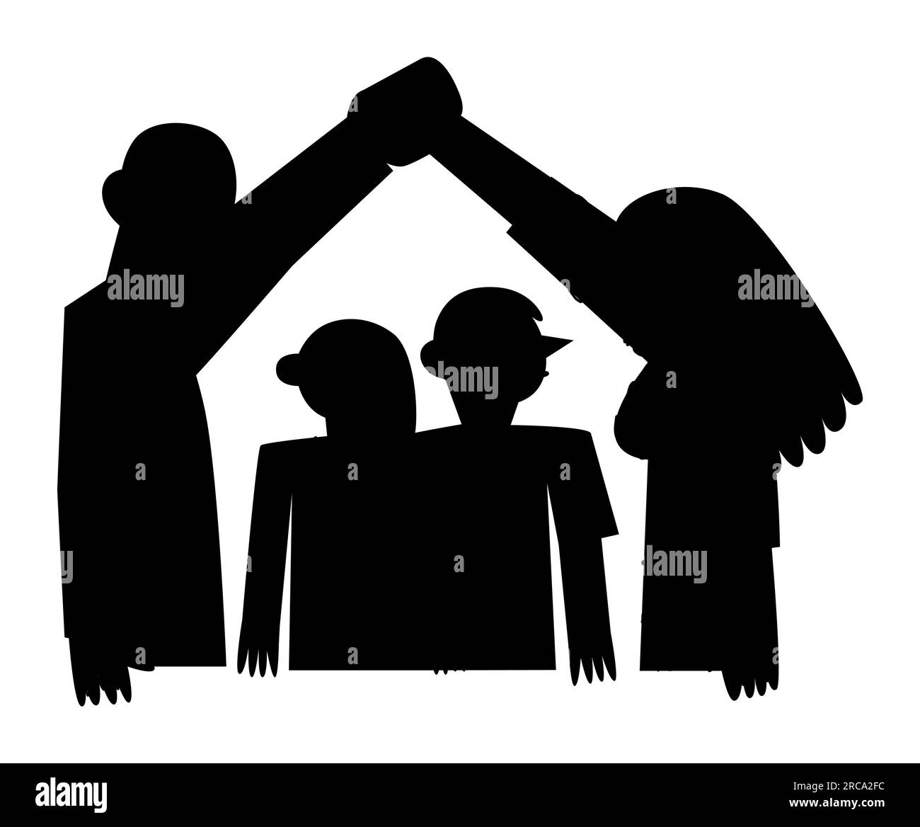 Eltern, die ein Heim-Symbol mit Händen machen, ein Heim, ein Heim, Familienliebe, Vektorbild isoliert auf weißem Hintergrund, Silhouette Stock Vektor
