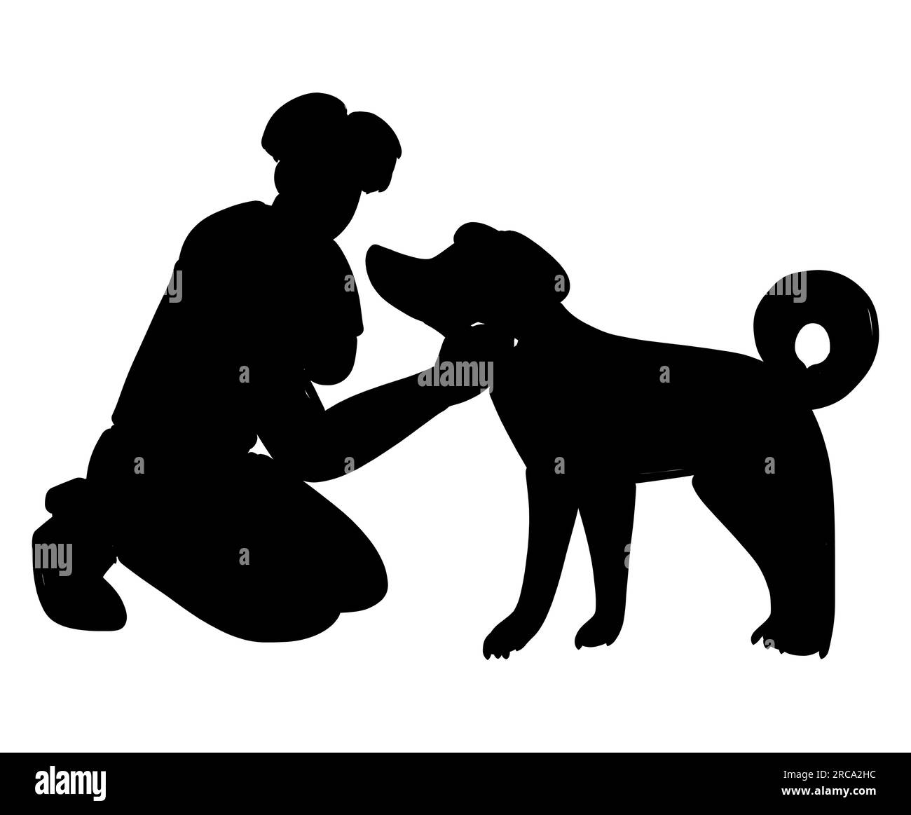 Schwarze Silhouette eines männlichen Tierbesitzers, der seinen Hund liebt, ein Mann, der mit seinem Hundetier spielt, Tieradoptionskonzept, Cartoon-Vektor isoliert auf Weiß Stock Vektor