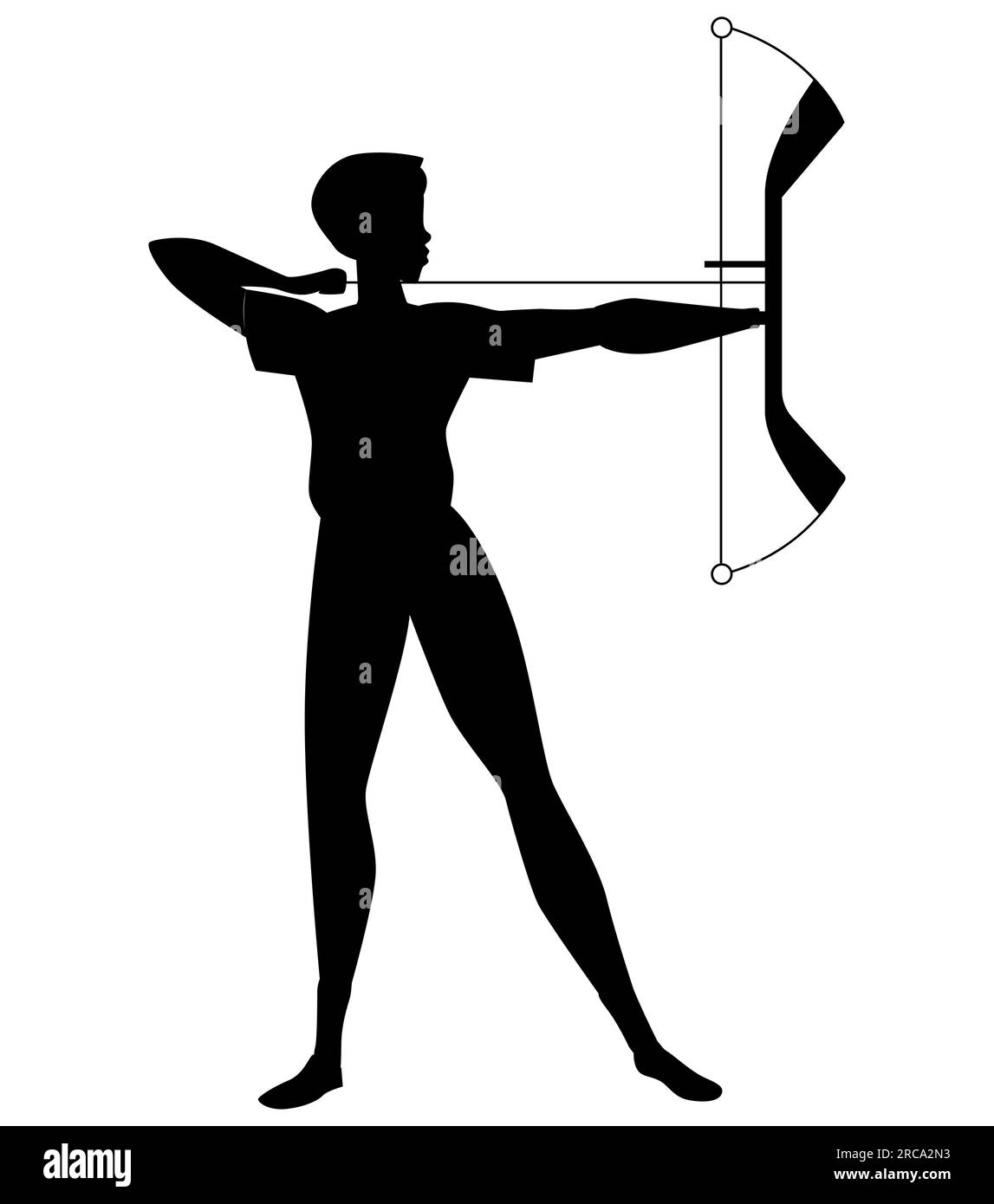 Schwarze Silhouette eines Bogenschützenspielers, eine Frau, die mit einem Pfeil in einer stehenden Pose zielt, Vektordarstellung isoliert auf weißem Hintergrund Stock Vektor